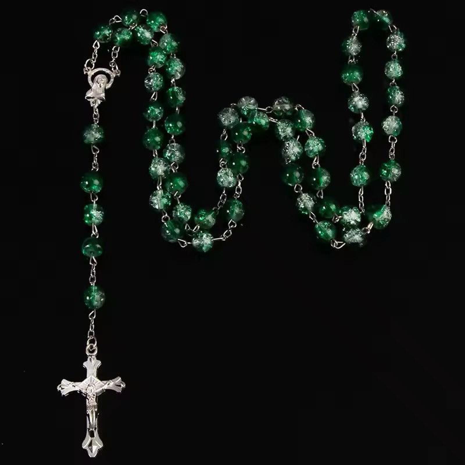 Jewelry Green Cross Rosary Bead Necklace Size ONE SIZE - 1 Thumbnail