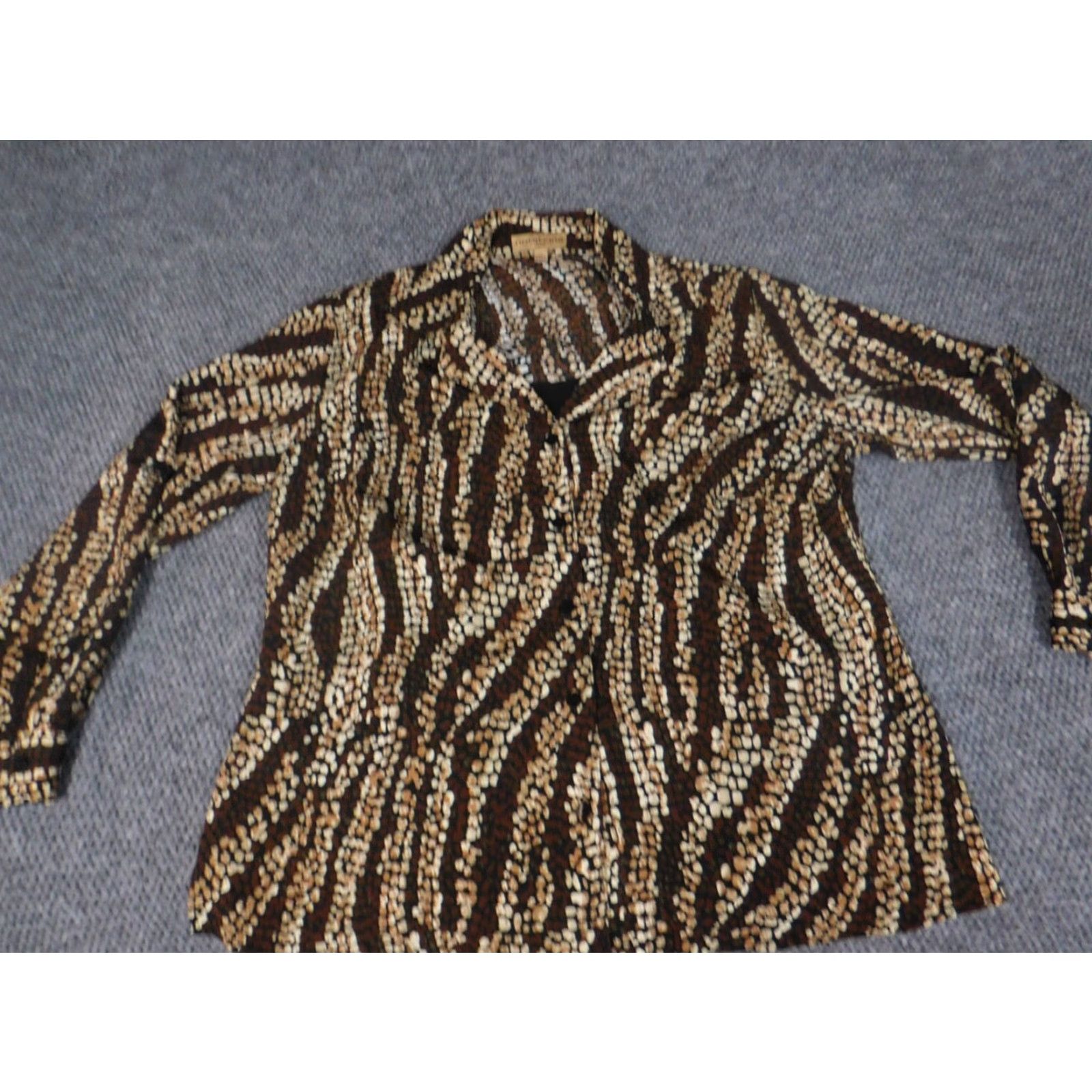 Vintage Notations Button-Up Blouse 1X Plus Brown Short Sleeve Crew Neck Pullover Casual Polyester Floral Down Fit Regular Womens Size XL / US 12-14 / IT 48-50 - 2 Thumbnail