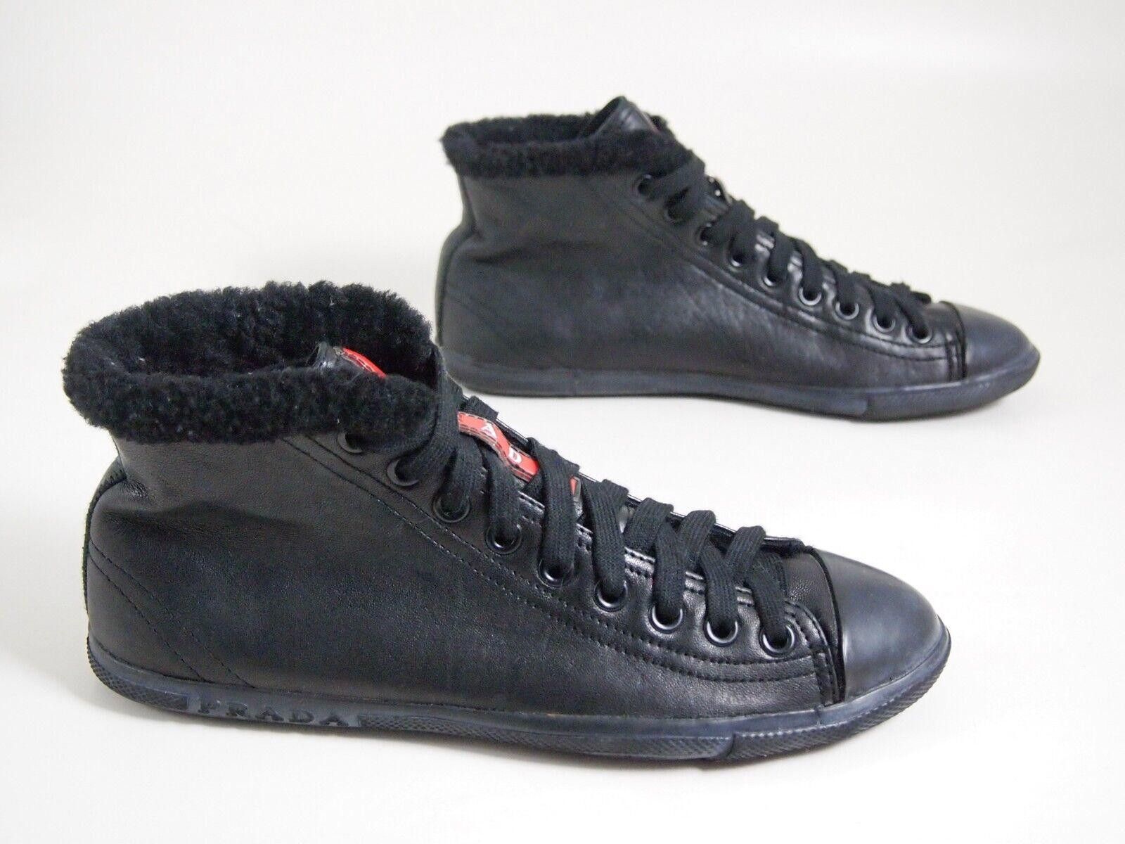 Prada Prada High Top Sneakers Black Leather Fur Trim EU 36 US 6 Size US 6 / IT 36 - 4 Thumbnail