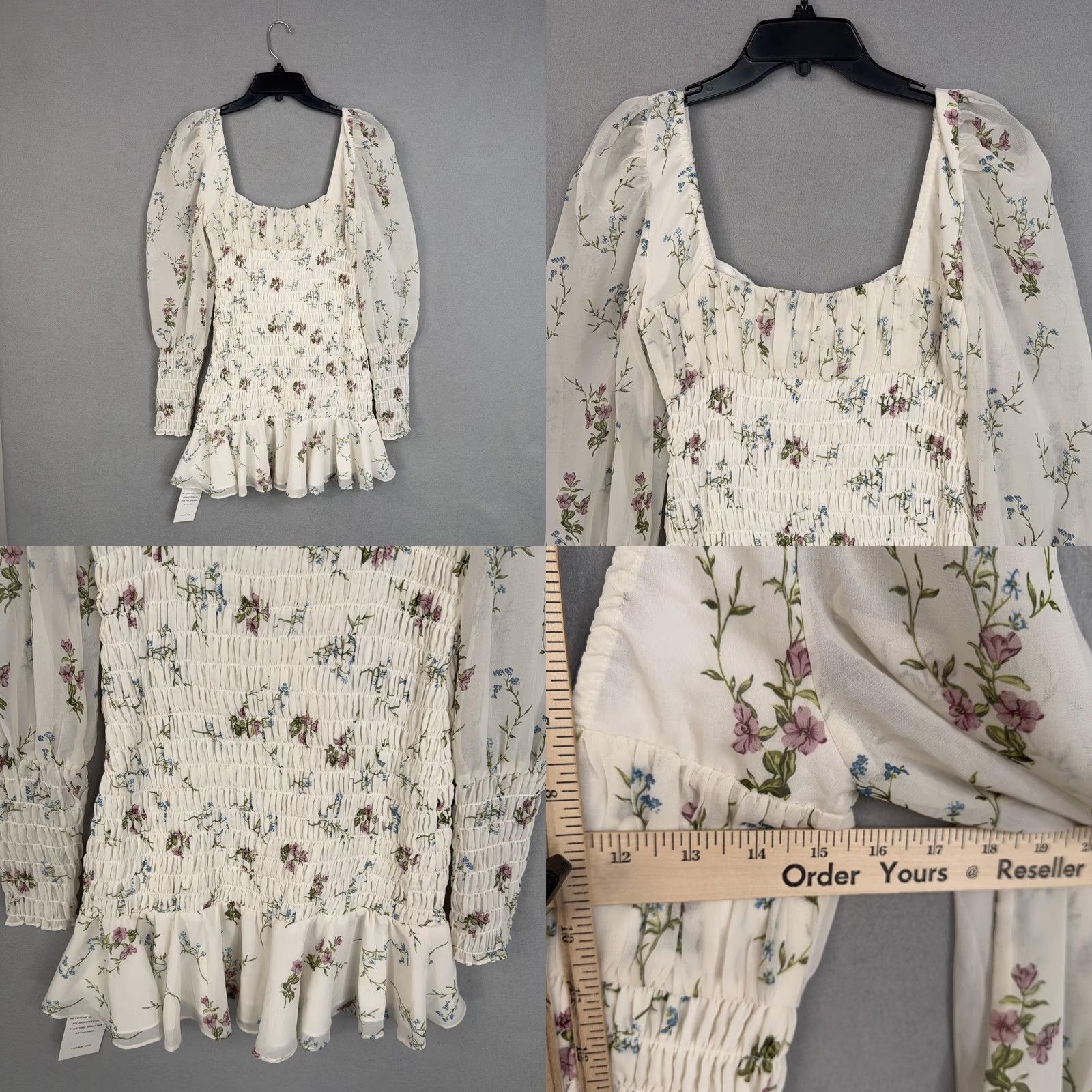 For Love & Lemons For Love & Lemons Dress Womens Medium White Floral Smocked Mini Puff Sleeve NWT Size M / US 6-8 / IT 42-44 - 8 Thumbnail