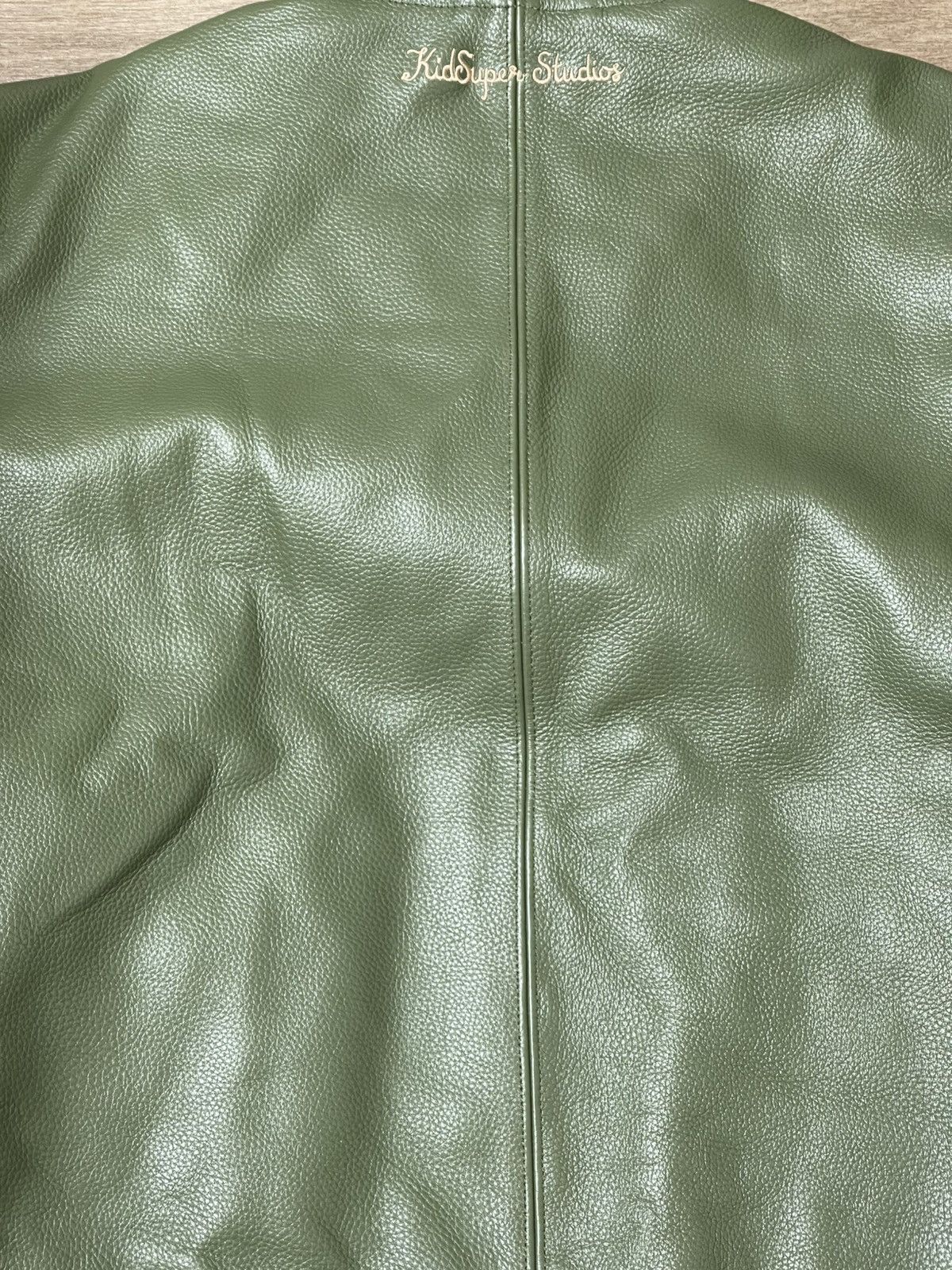 KidSuper PATCHWORK FACE LEATHER VARSITY JACKET [GREEN] Size US L / EU 52-54 / 3 - 6 Thumbnail