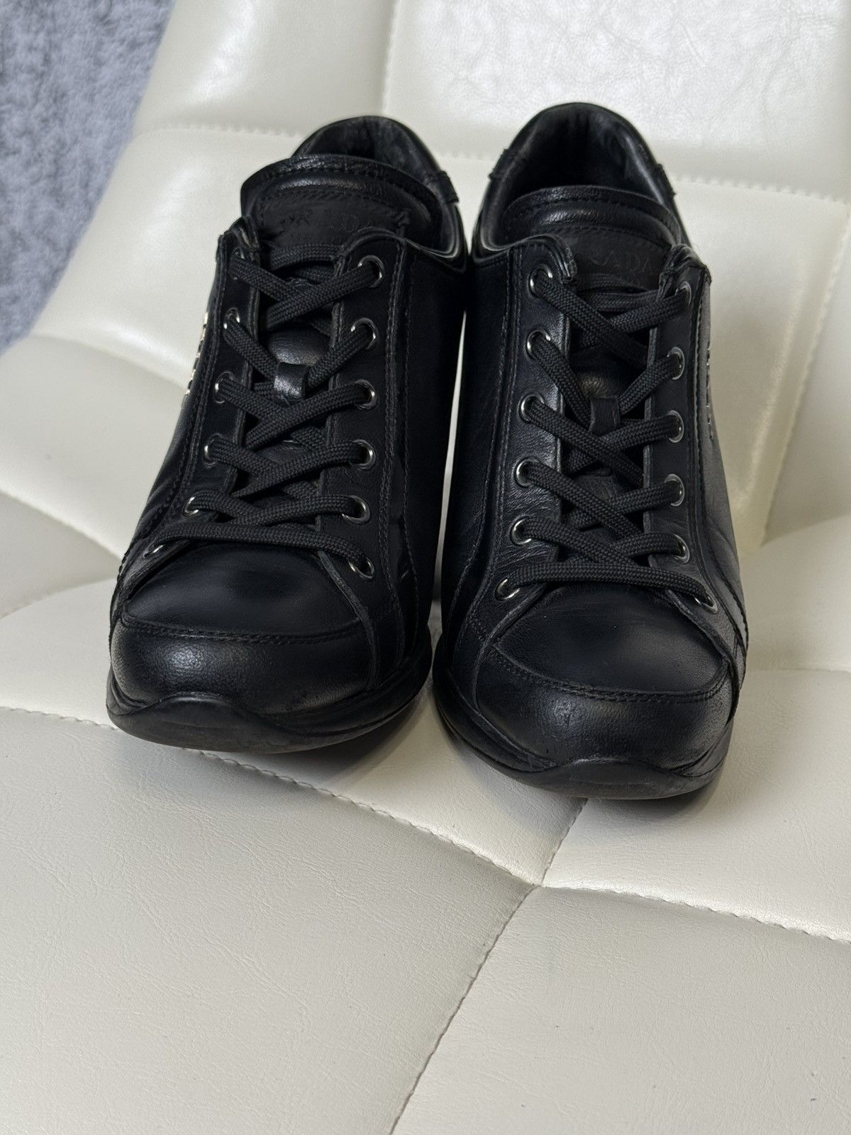Prada PRADA Wedge Sneakers Black Leather Womens Platform Shoes Size US 6.5 / IT 36.5 - 17 Thumbnail