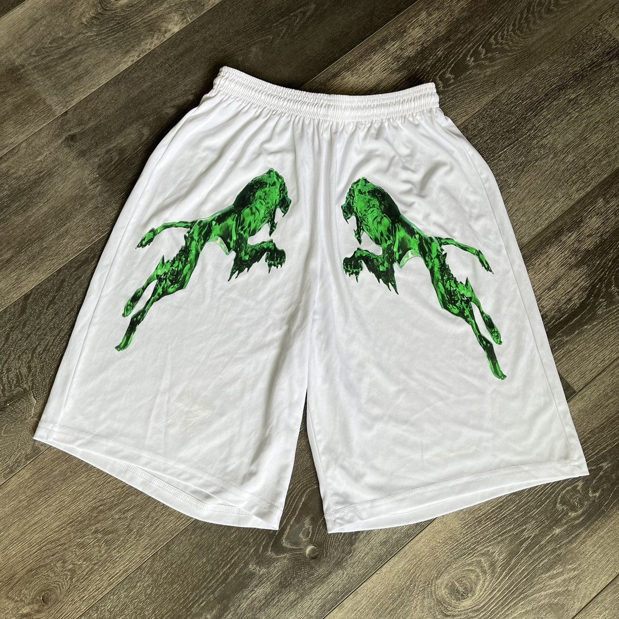 image of Bladee Drain Gang Dg The Fool White Green Lion Shorts Small, Men's (Size 28)