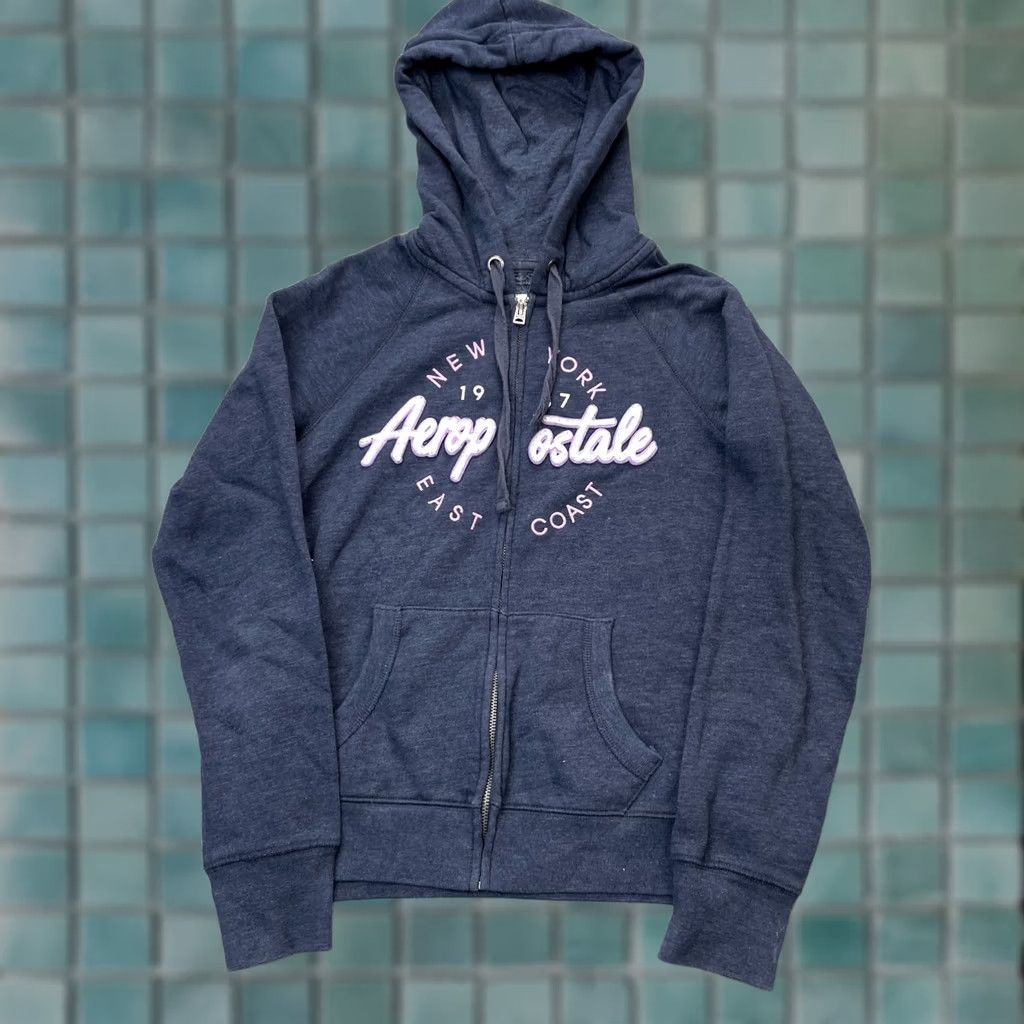 Vintage Aéropostale Hoodie Womens Small Blue Spellout New York Logo Cotton Full Zip y2k Size S / US 4 / IT 40 - 1 Thumbnail