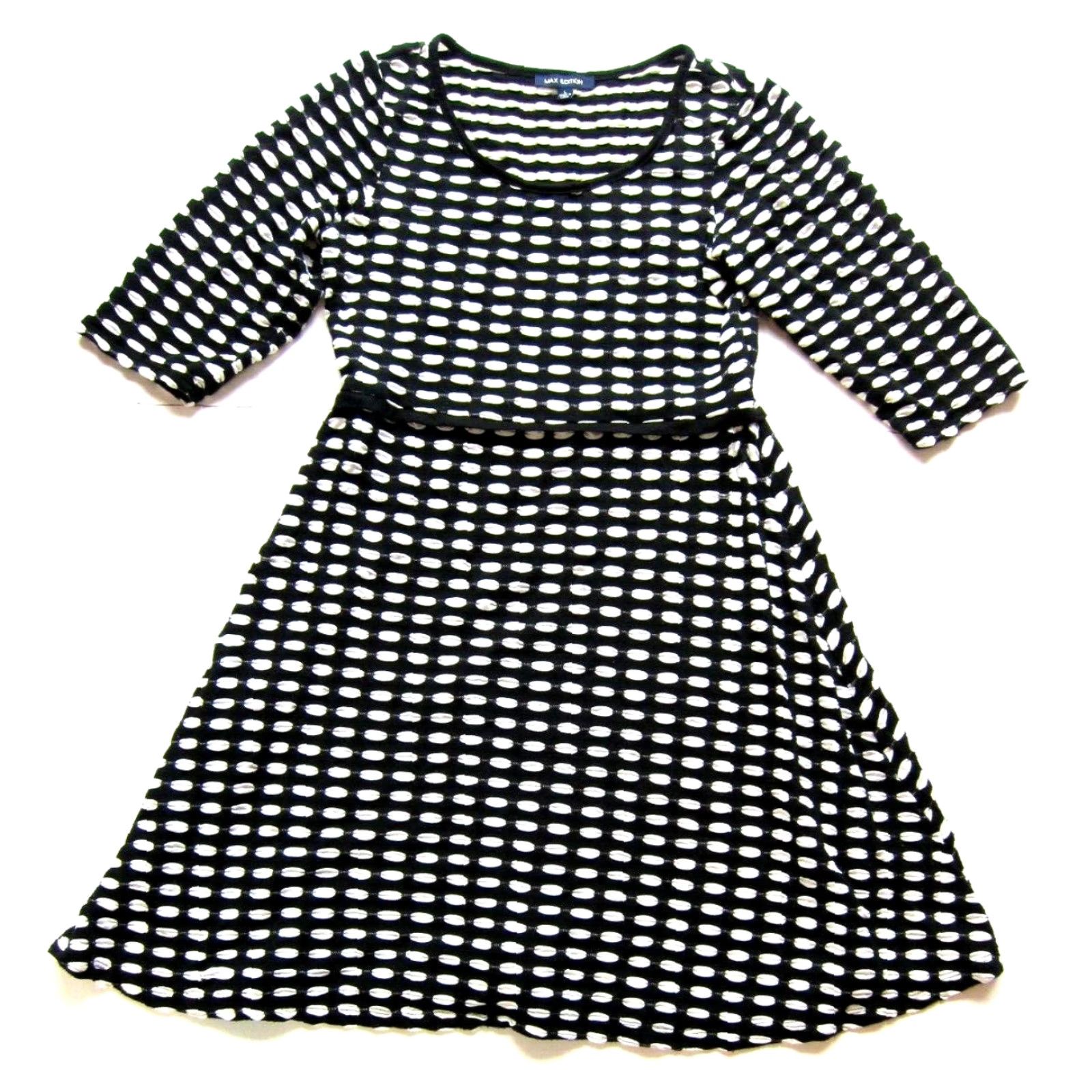 Vintage Max Edition Black White Polka Dot Waffle Stretch 3/4 Sleeve Fit Flare Dress L Size L / US 10 / IT 46 - 2 Thumbnail