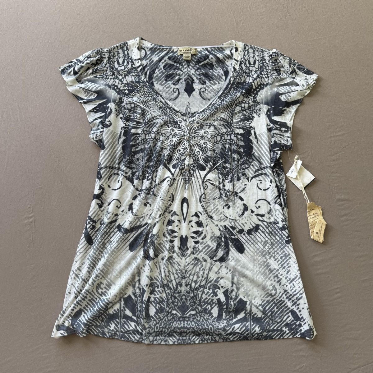 Other Y2K Early 2000s One World Abstract Flutter Sleeve Henley Top Size XL / US 12-14 / IT 48-50 - 1 Thumbnail