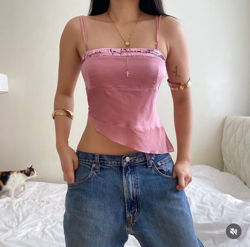 Vintage Pink cool toned 100% SILK asymmetrical sequined top Size S / US 4 / IT 40 - 3 Thumbnail