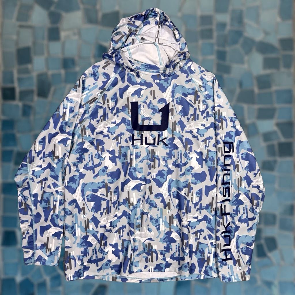 Vintage Huk Camo Fish Print L Hoodie Performance Sweatshirt Mens Blue Size US L / EU 52-54 / 3 - 1 Thumbnail