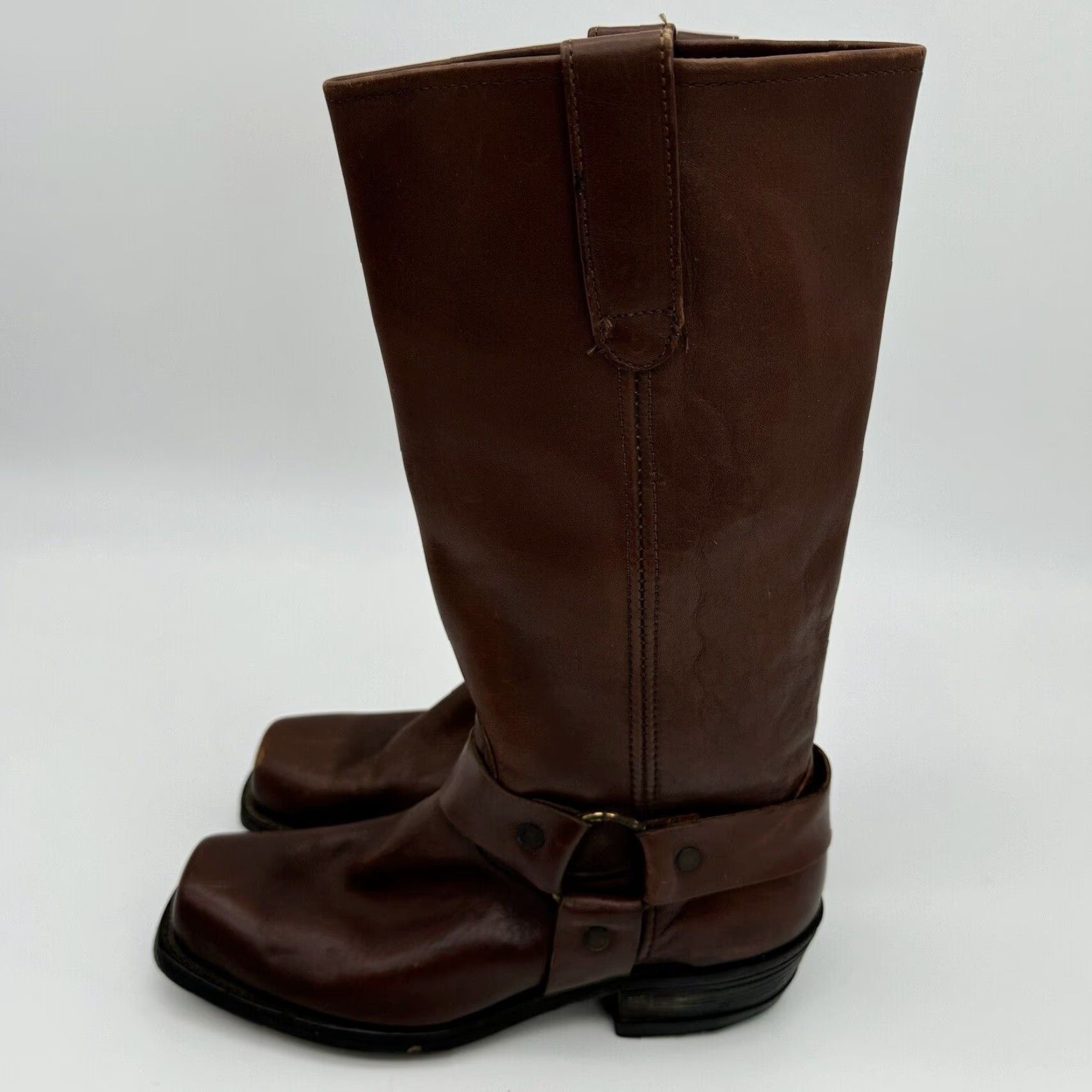Vintage VINTAGE 60s 70s Harness Cowboy Boots Square Toe Engineer Stacked Heel Men’s 7.5 Brown Leather Size US 8 / EU 41 - 4 Thumbnail