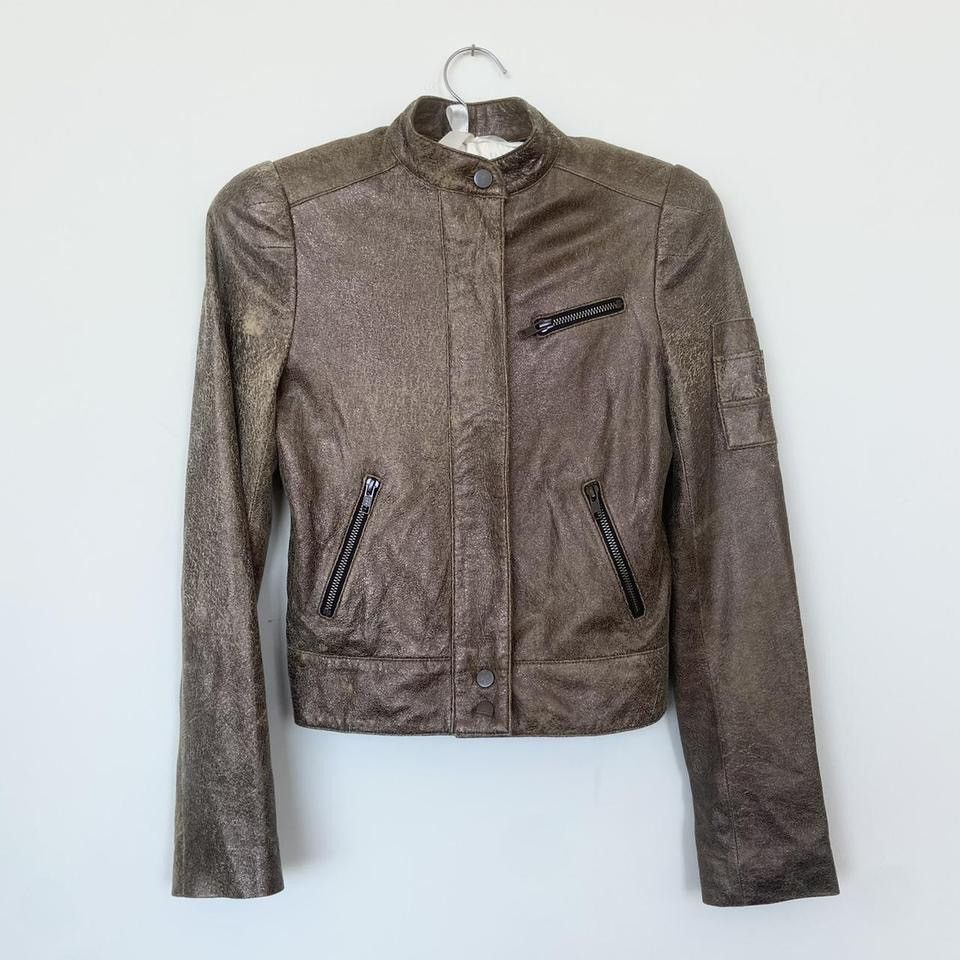 image of Vintage Kelly Wearstler Distressed Leather Motorcycle Jacket in Gold, Women's (Size XS)