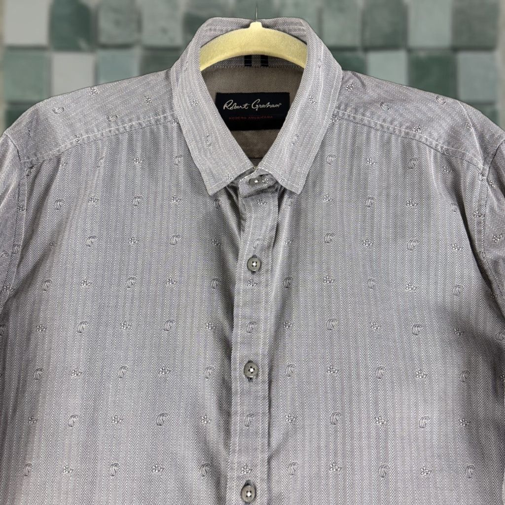 Robert Graham Robert Graham Modern American Button-Up Shirt Men L Tailored Herringbone Gray Cotton Long Sleeve Casual Party/Cocktail Travel Brown? Size US L / EU 52-54 / 3 - 1 Thumbnail