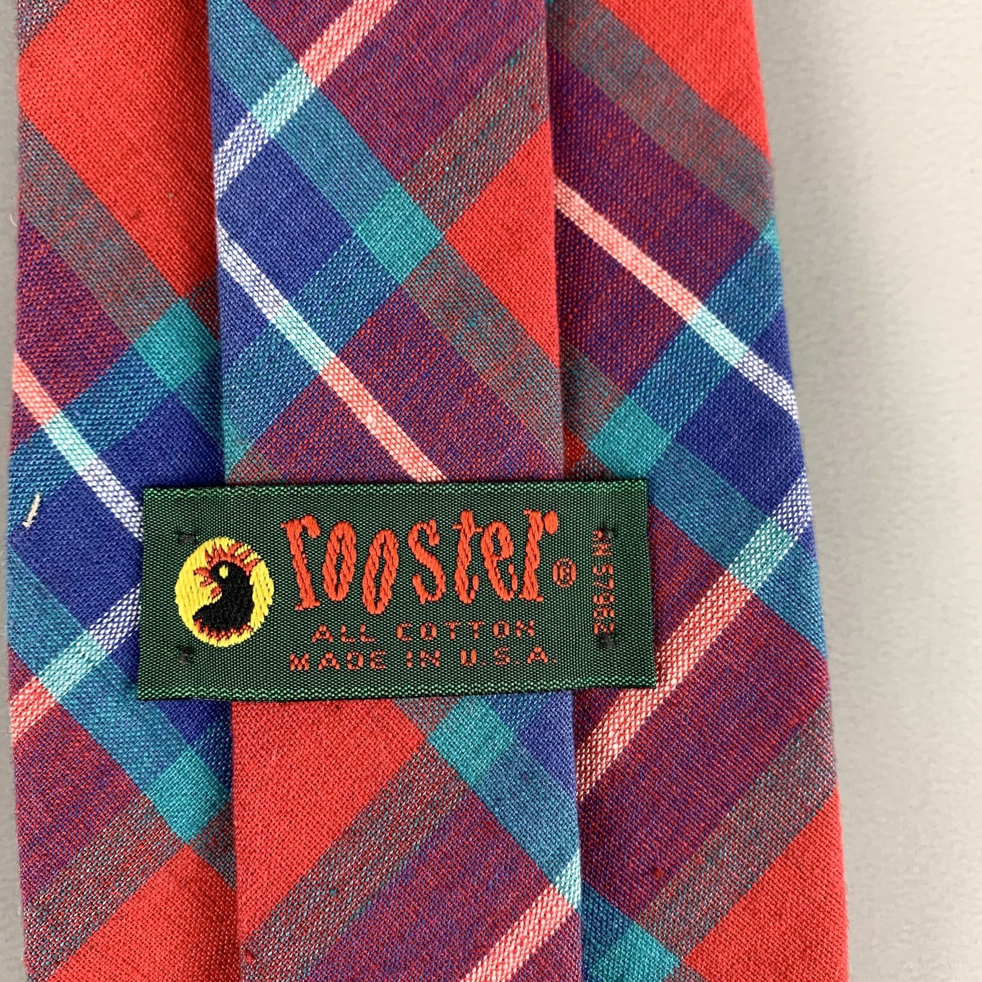 Designer Mens Rooster Madras Plaid Cotton Preppy Tie Red, Blue, Green Size ONE SIZE - 4 Thumbnail