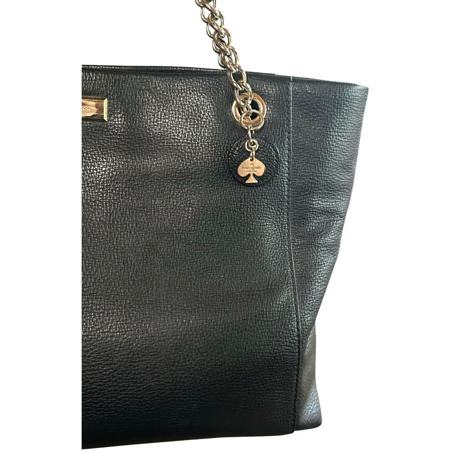 Vintage kate spade new york Black Leather Tote Shoulder Bag W/Chain Straps Women Purse Size ONE SIZE - 4 Thumbnail