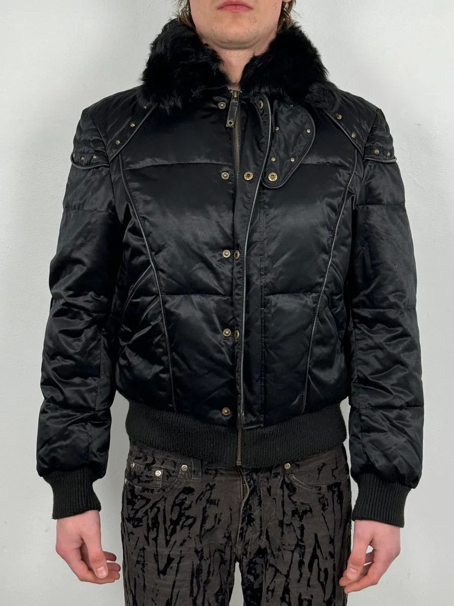 Roberto Cavalli 2000s Cavalli Fur Collar Black Puffer Studded Jacket Size US M / EU 48-50 / 2 - 2 Thumbnail
