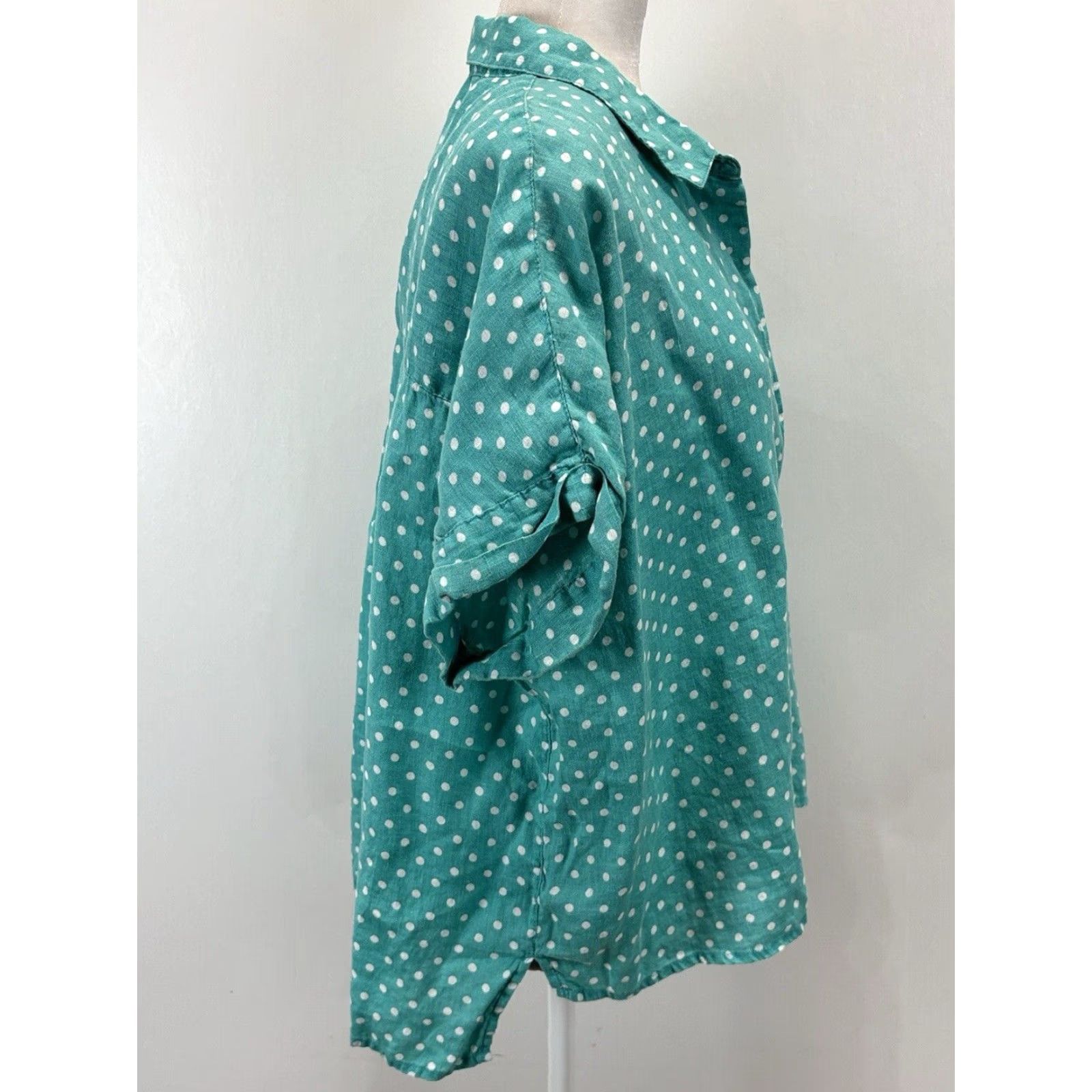 X-LARGE RACHEL Rachel Roy Women's Turquoise Linen Button-Up Shirt X-Large Polka Dot Short Sleeve Size XL / US 12-14 / IT 48-50 - 4 Thumbnail