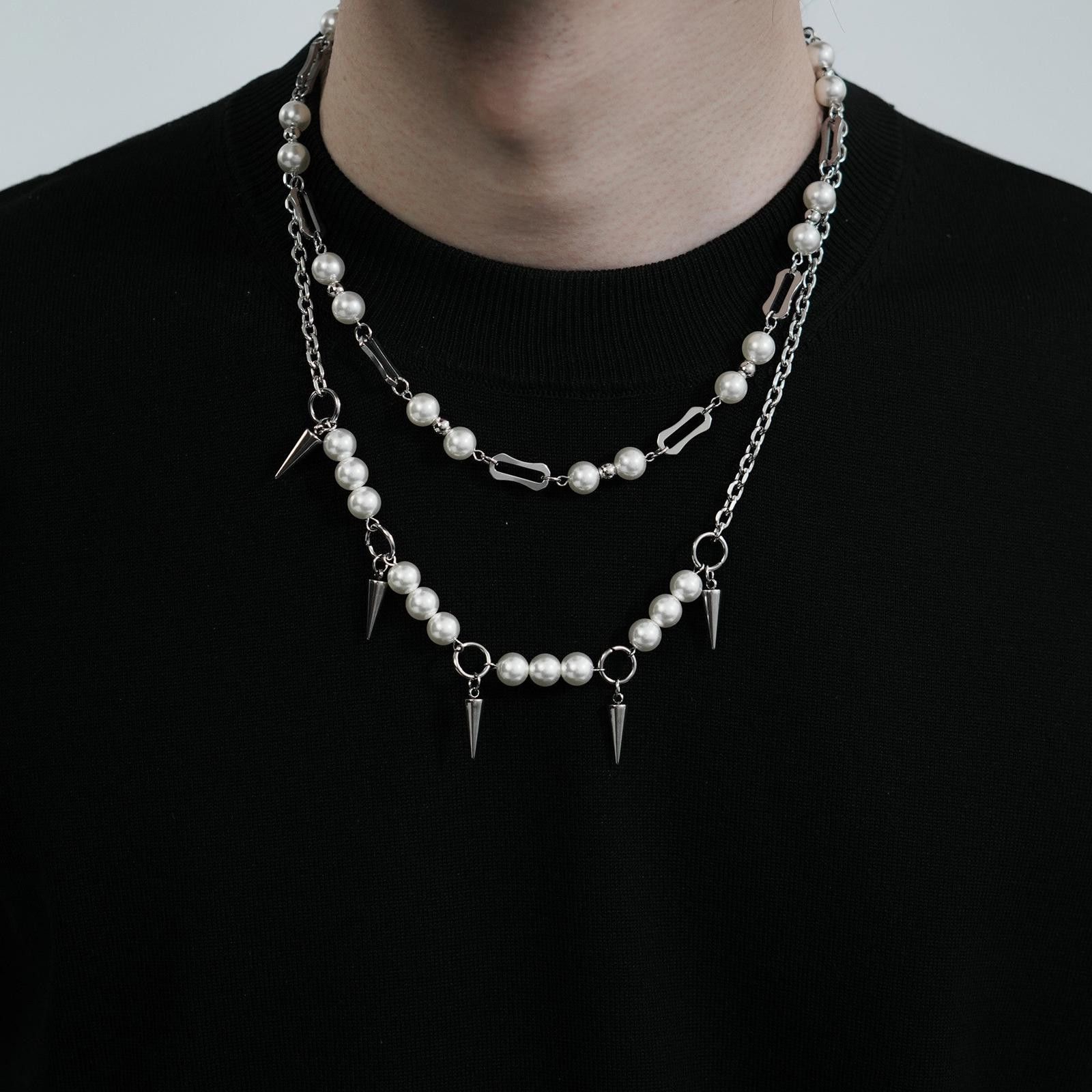 Jewelry Rivet Pearl Tassel Necklace – Layered Silver Size ONE SIZE - 1 Thumbnail