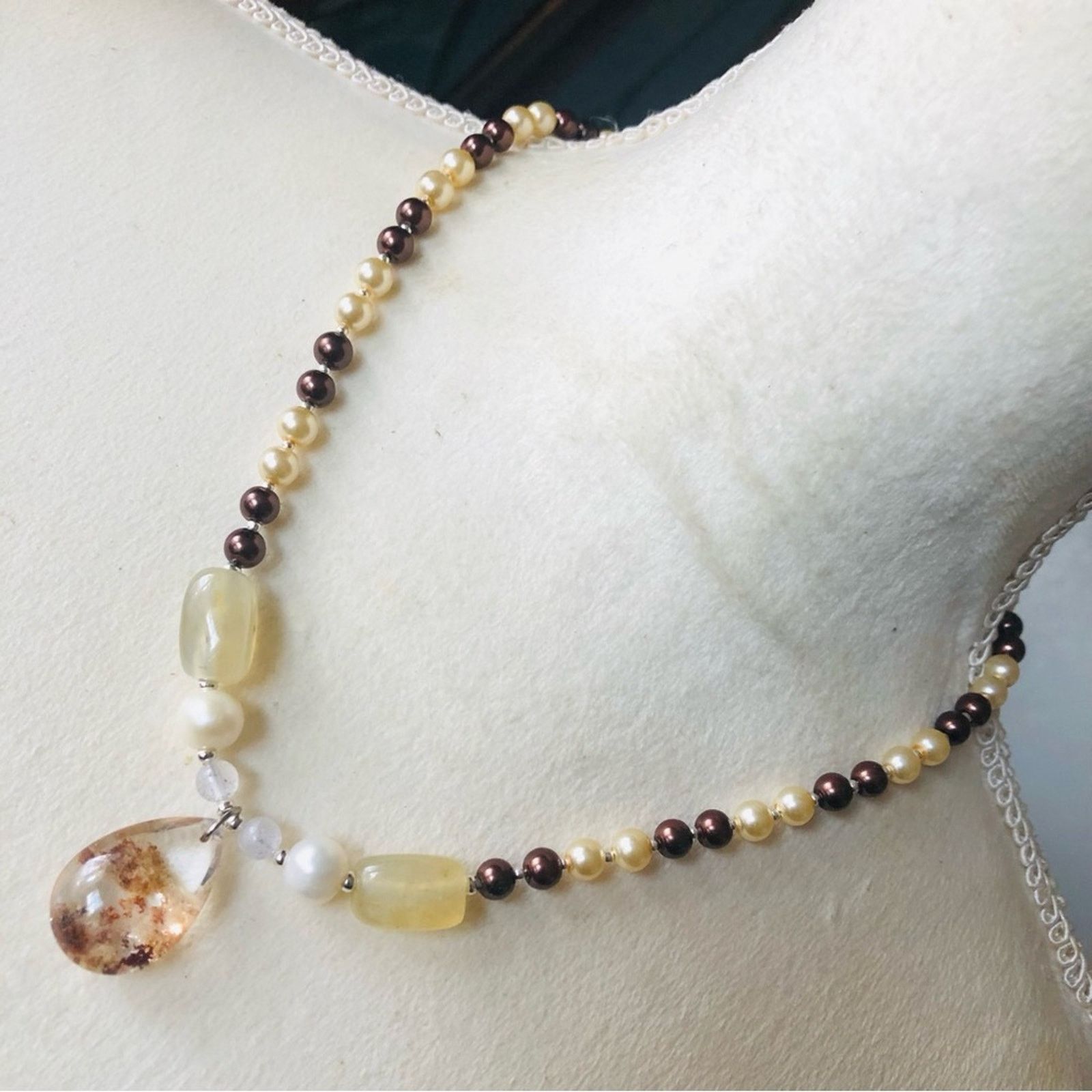 Handmade Handcrafted repurpose genuine ghost quartz Pearl necklace Size ONE SIZE - 1 Thumbnail