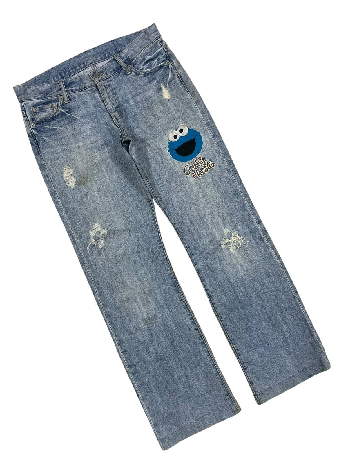 Cartoon Network Y2K Denim Cookie Monster Embroidery Distressed Rappers Jeans Size US 32 / EU 48 - 7 Thumbnail
