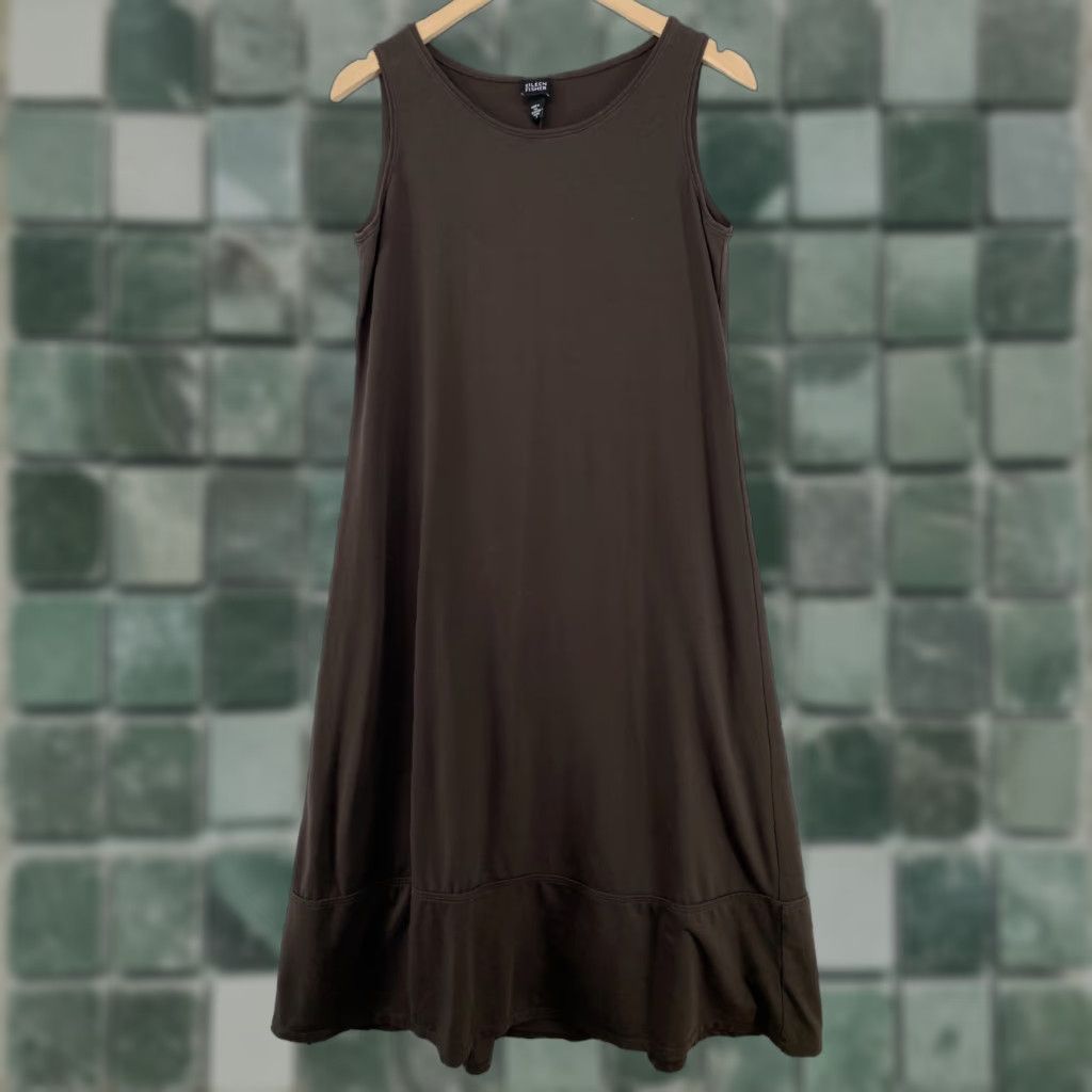 EILEEN FISHER Dress S Cotton Stretch Jersey Shift Tunic Tank Midi Brown USA