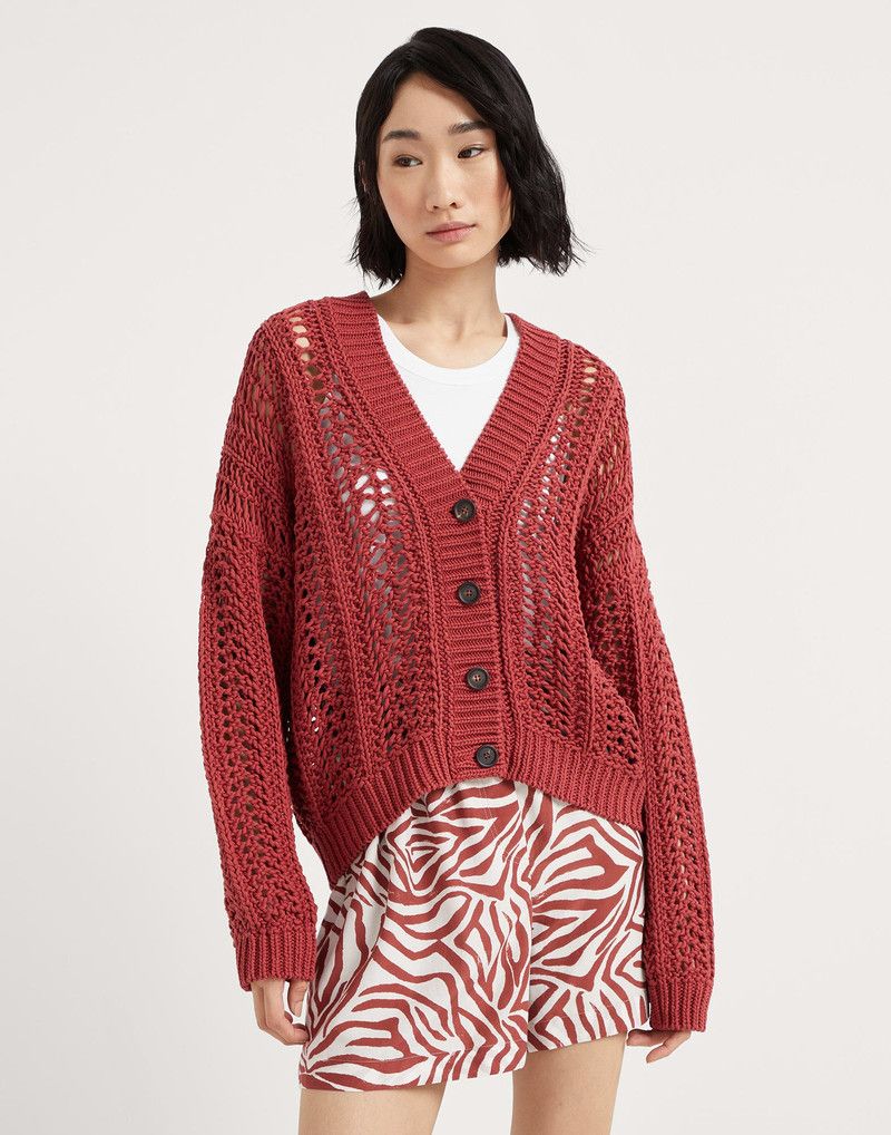 Brunello Cucinelli o1la1rc1a0326 Cotton Ribbed Net Cardigan in Red Size S / US 4 / IT 40 - 1 Thumbnail