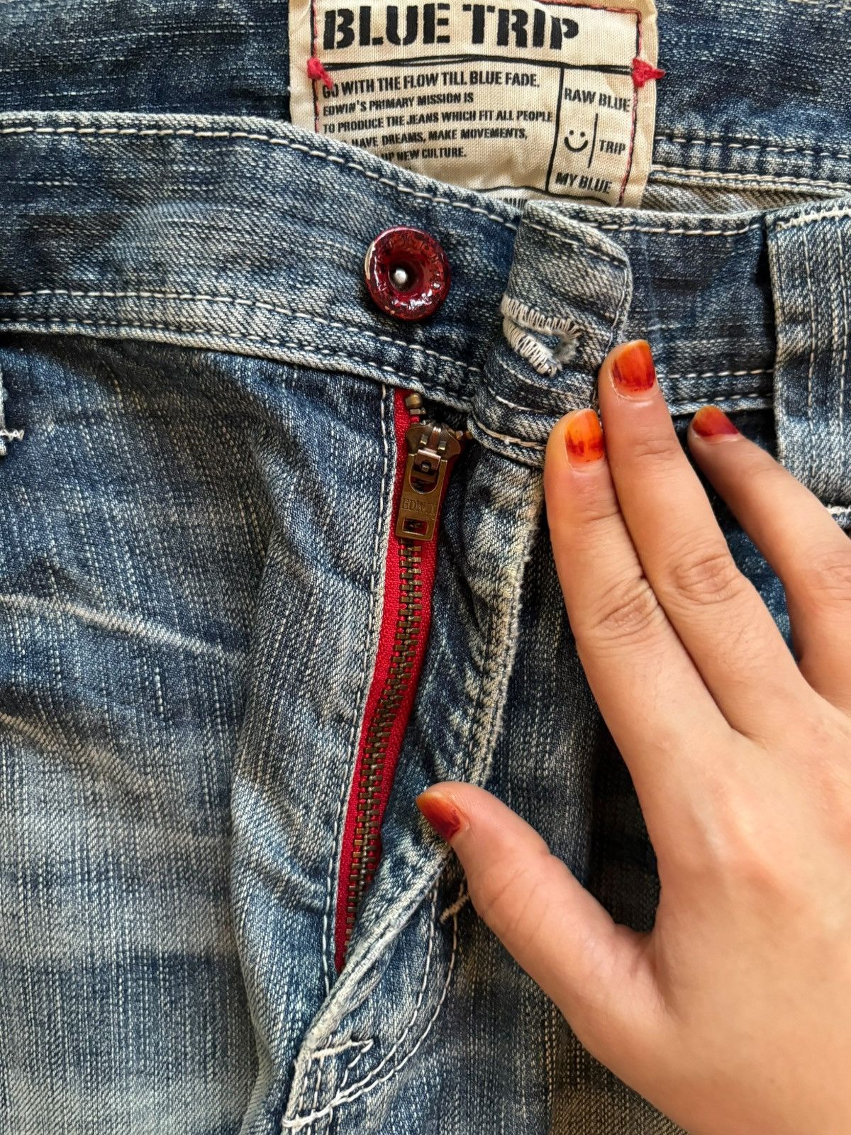 Edwin × Japanese Brand Vintage Edwin Blue Trip Suspender Buckle Back Rip Flare Jean Size US 33 - 3 Thumbnail