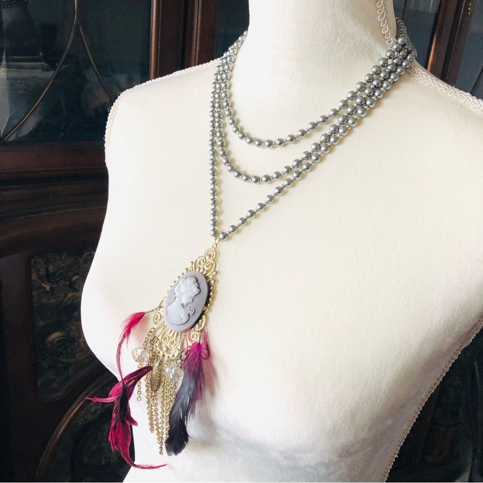 Handcrafted filigree cameo Pearl genuine ruby necklace