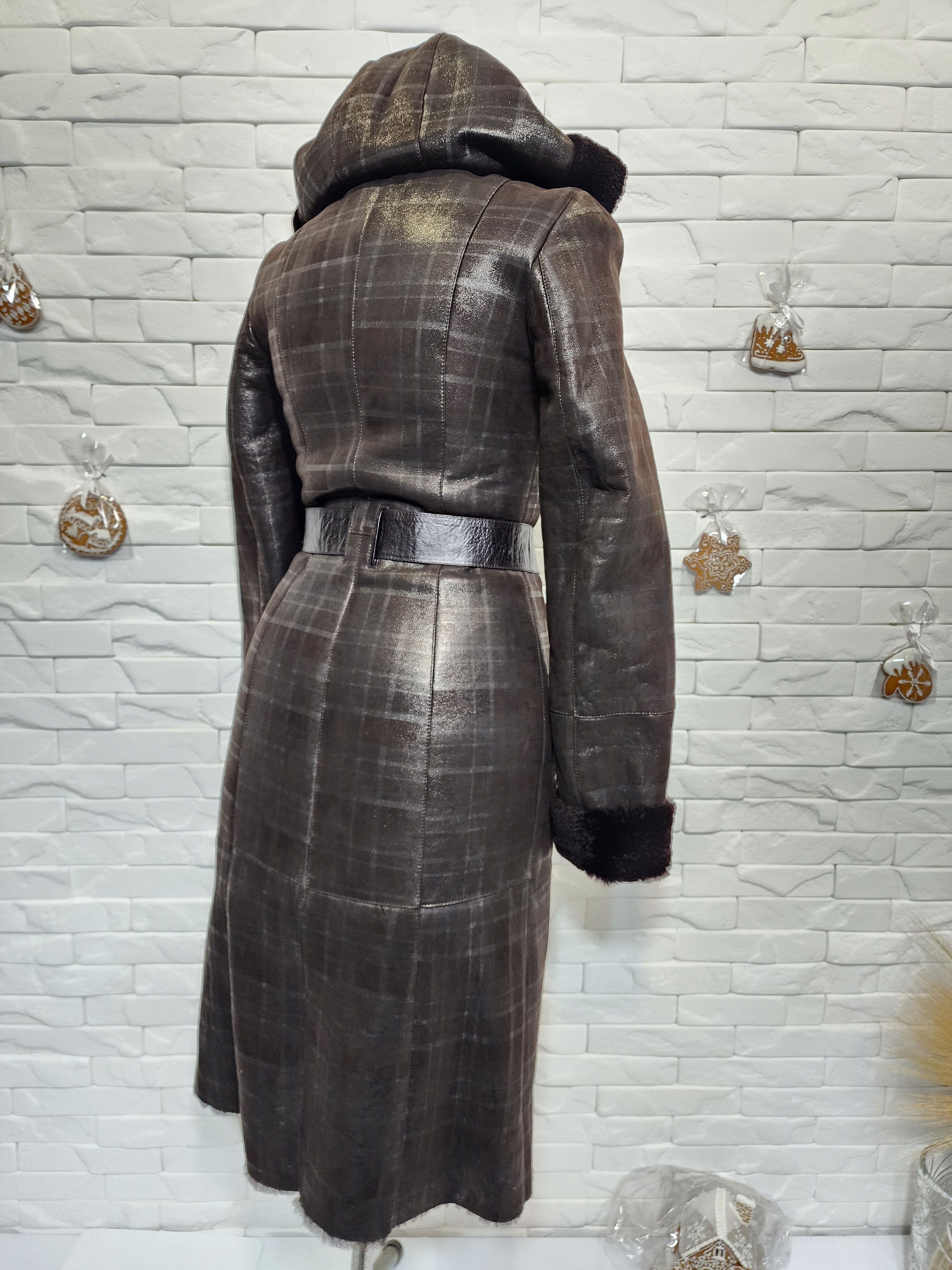Furla Brown Sheepskin Coat with Hood: Belted Winter Outerwear Size S / US 4 / IT 40 - 6 Thumbnail