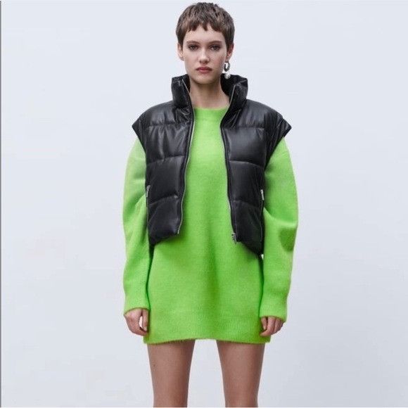 Zara Zara Vegan Leather Cropped Black Puffer Vest Grailed