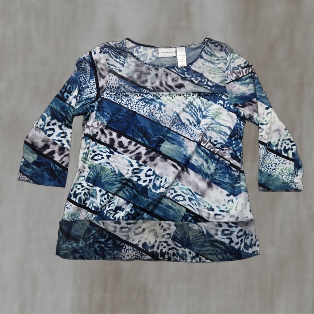 Vintage VINTAGE Alfred Dunner Women's Blouse Shirt Small Blue Knit Casual Formal Travel Seasonal Fall Spring Winter Summer Womens Size S / US 4 / IT 40 - 1 Thumbnail