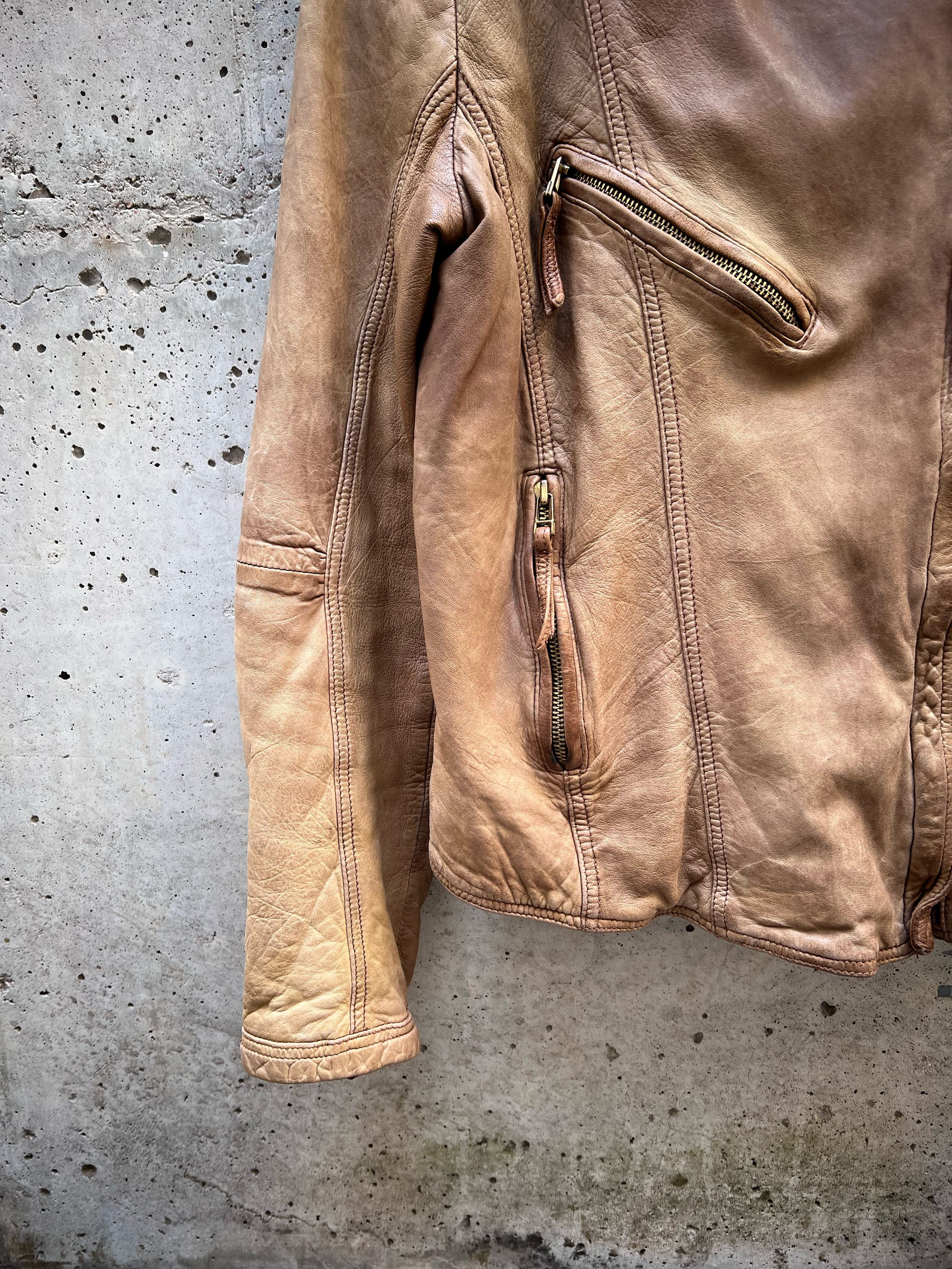 Japanese Brand Distressed honey tan asymmetric leather jacket Size M / US 6-8 / IT 42-44 - 4 Thumbnail