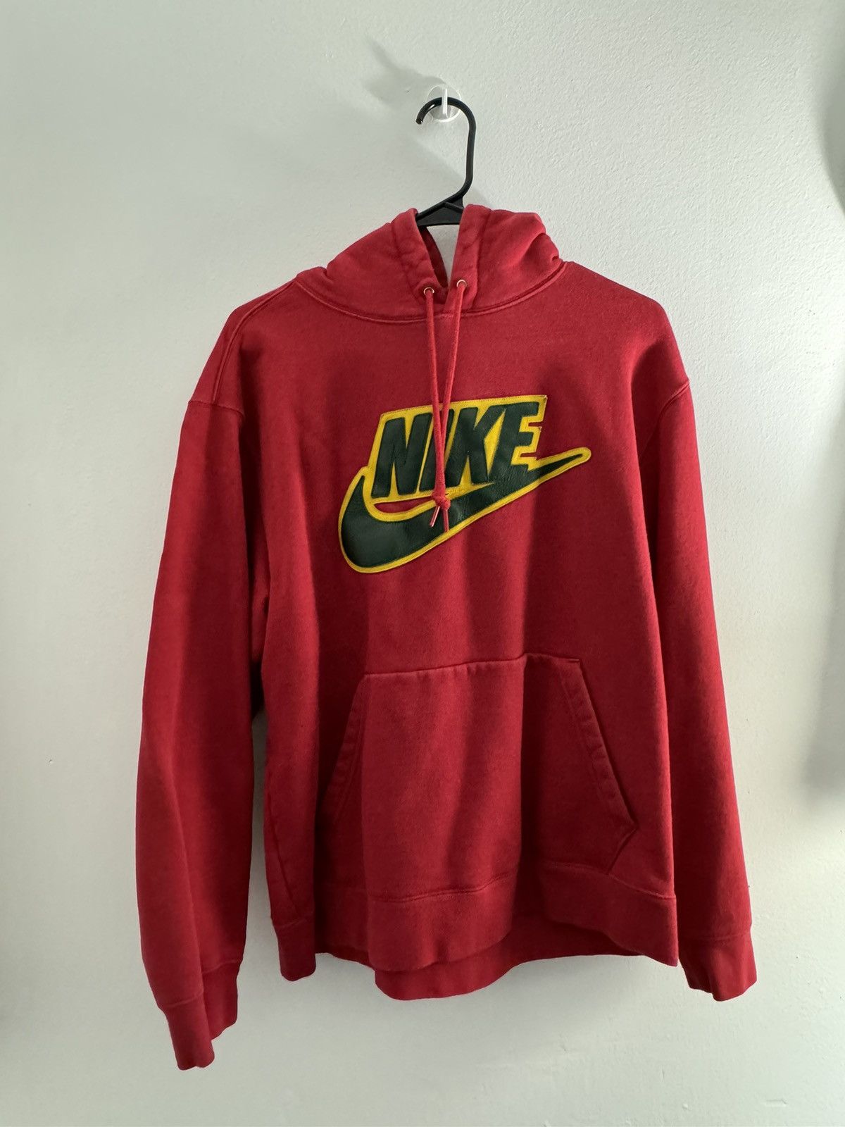 image of Nike Leather Appliqué Hooded Sweatshirt Red, Men's (Size Medium)