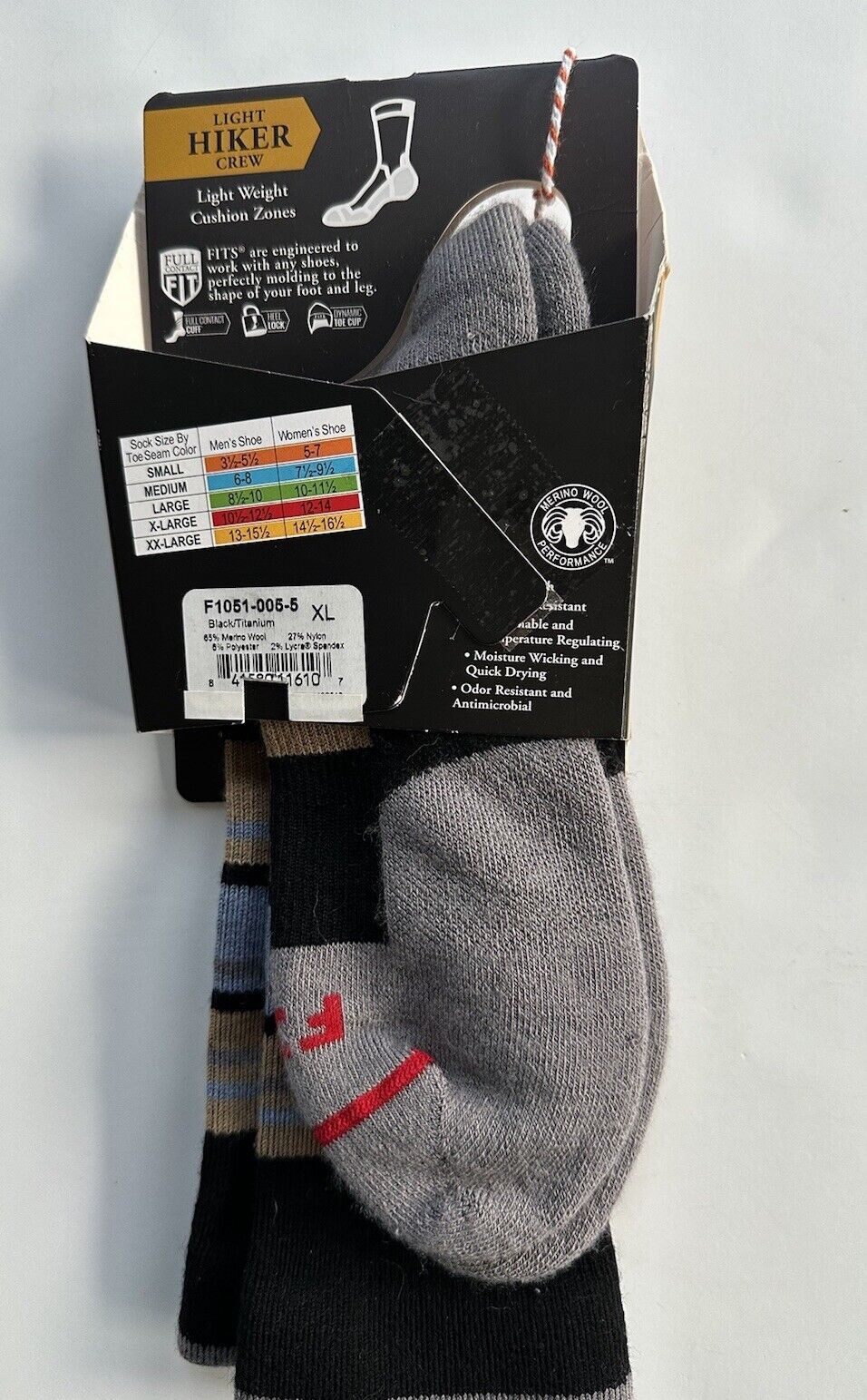Designer FITS Unisex Light Hiker Crew Cushioned Socks Striped Merino Size ONE SIZE - 2 Thumbnail