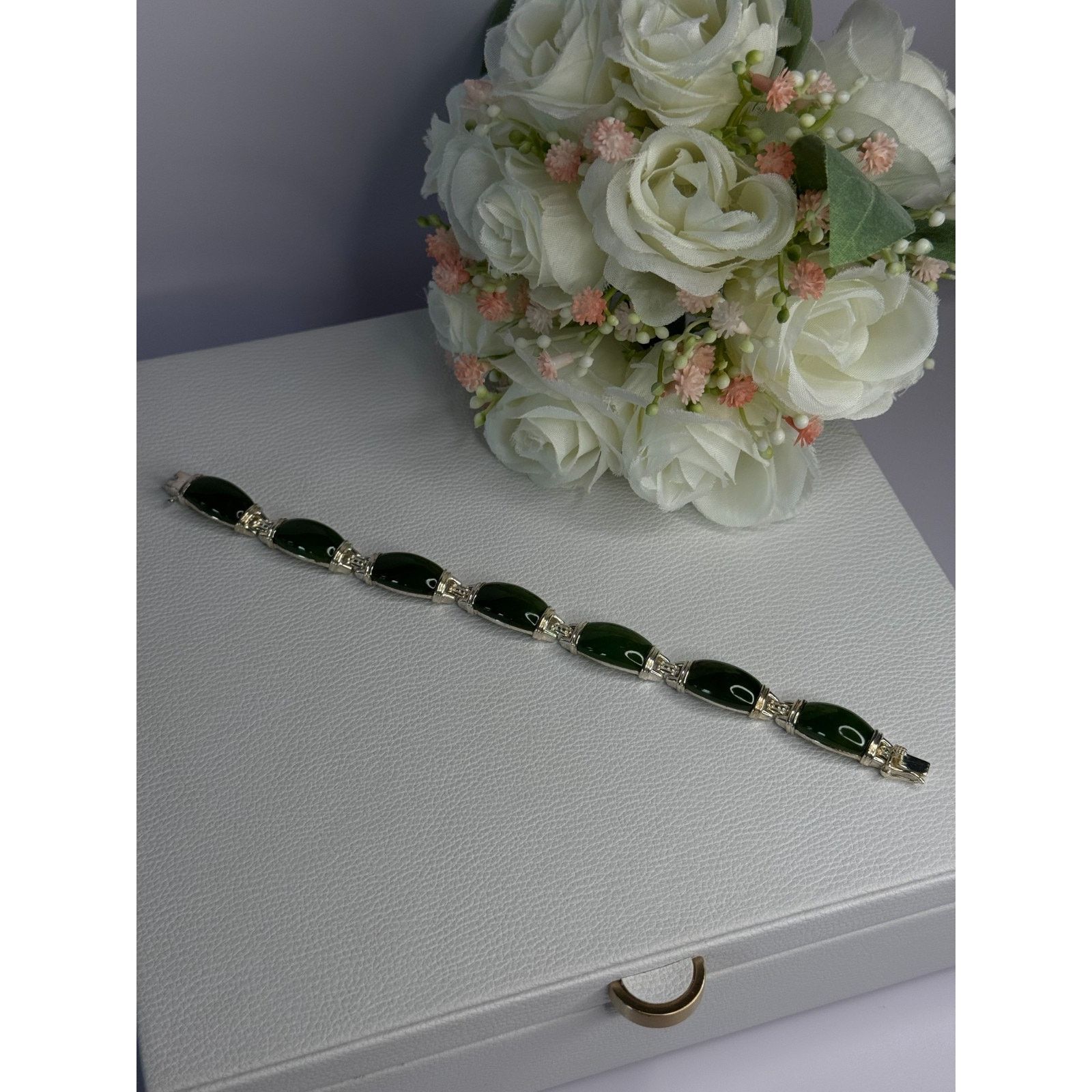 Jewelry 925 STERLING SILVER GREEN NEPHRITE BRACELET LENGTH 7.5 Size ONE SIZE - 10 Thumbnail