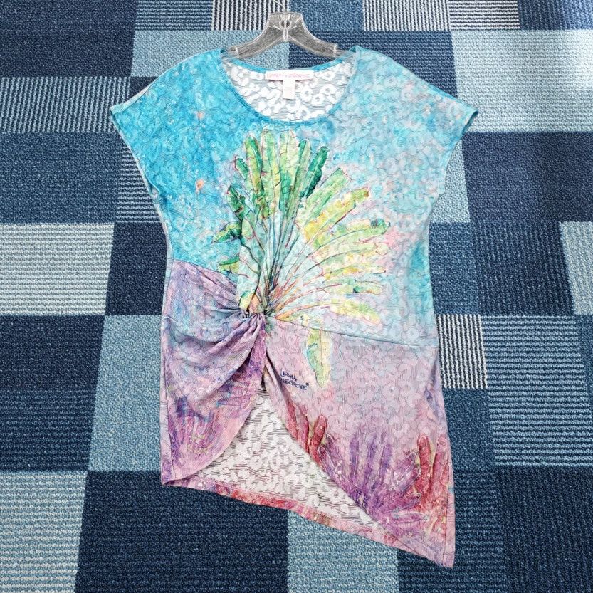 Vintage Leoma Lovegrove Top Womens S Small Blue Tunic Floral Asymmetric Short Sleeve Size S / US 4 / IT 40 - 1 Thumbnail