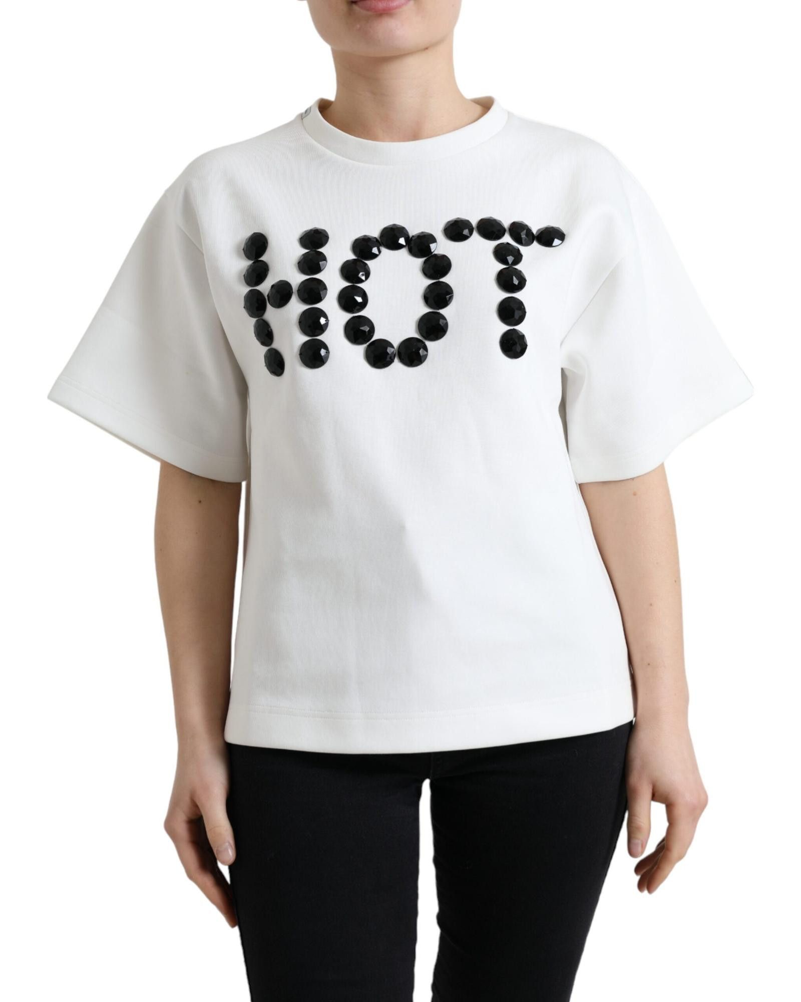 image of Dolce Gabbana Crystal Embellished Stretch Cotton T-Shirt in White, Women's (Size XS)