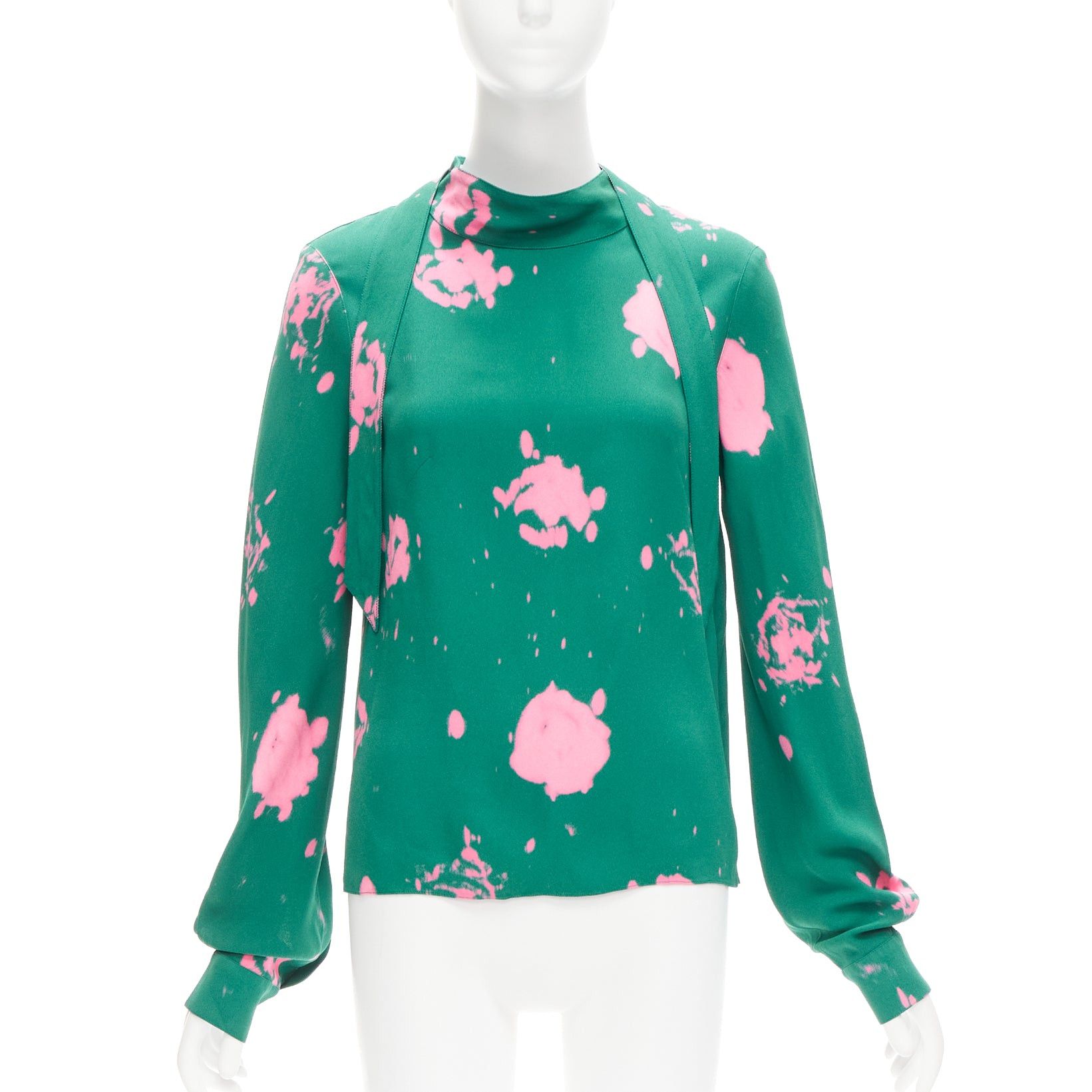 Marni MARNI green pink splatter tie dye print tie neck long sleeve blouse IT38 XS Size XS / US 0-2 / IT 36-38 - 1 Thumbnail