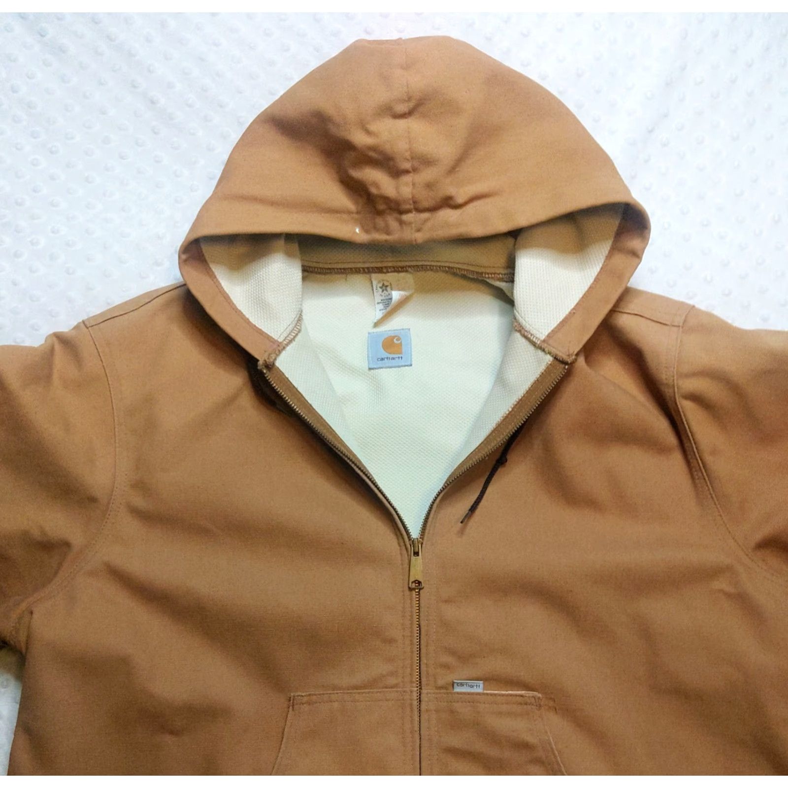 Carhartt VINTAGE Carhartt Jacket Mens 2XLT Hooded Wool Lined Bomber Canvas Workwear Brown Zip Front Mid-Length All Seasons 90s USA Outdoors Mens Size US XXL / EU 58 / 5 - 4 Thumbnail