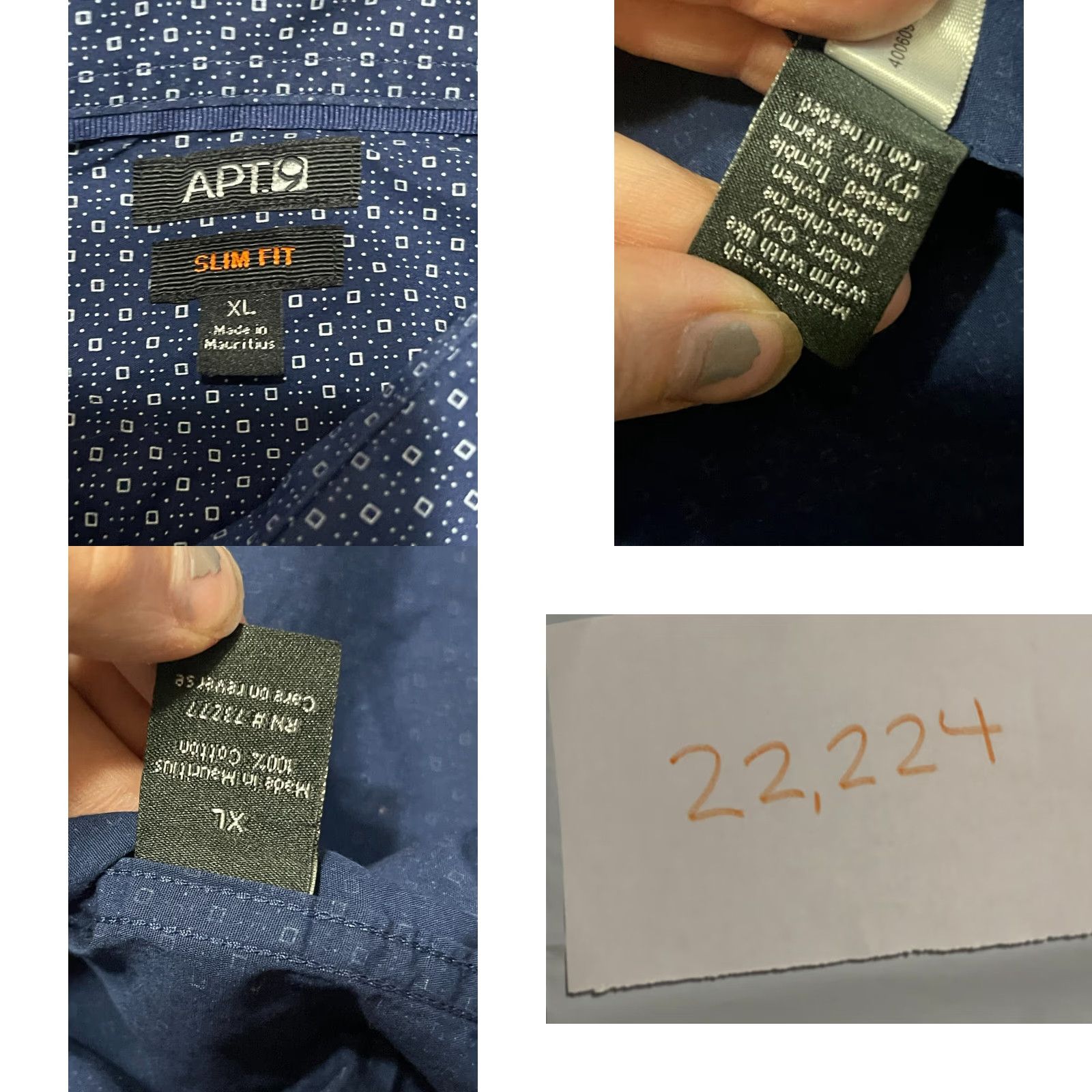 Apt. 9 APT. 9 Shirt Mens XL Navy Button Up Long Sleeve Slim Fit - Shirt - Adult XL - Blue - Casual - 9 Brand Slimming - Fall Spring Summer - Mens Size US XL / EU 56 / 4 - 8 Thumbnail
