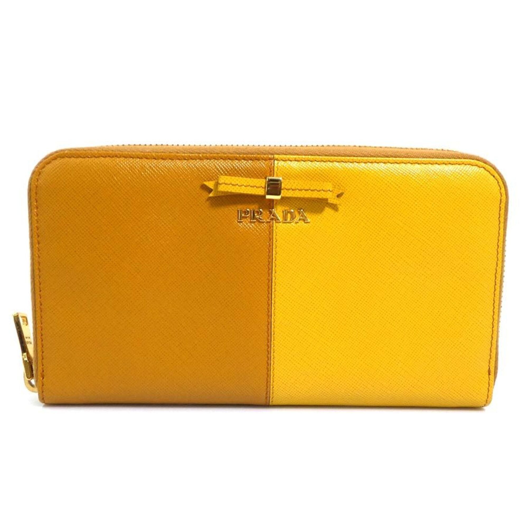 Prada Prada Round Zip Long Wallet Leather Brown Yellow Gold Women's e61845a Size ONE SIZE - 1 Thumbnail