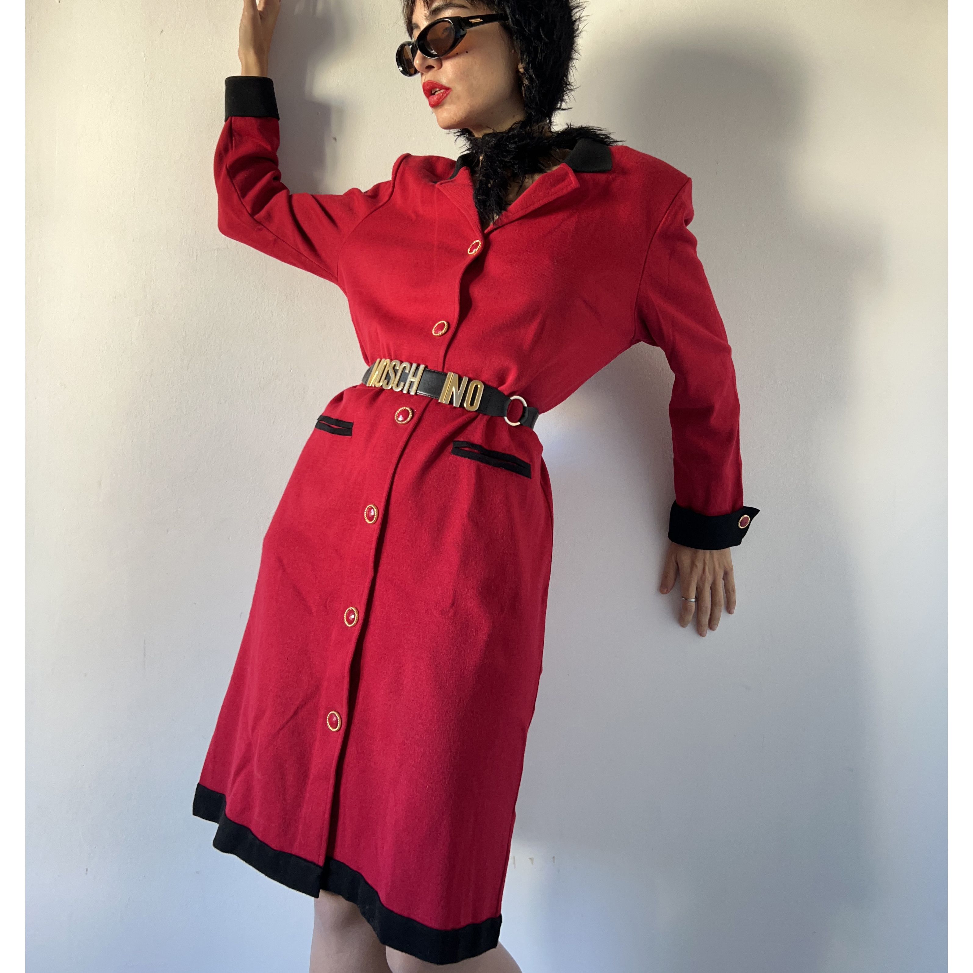Vintage Vintage red wool shirt dress with black trim Size M / US 6-8 / IT 42-44 - 2 Thumbnail