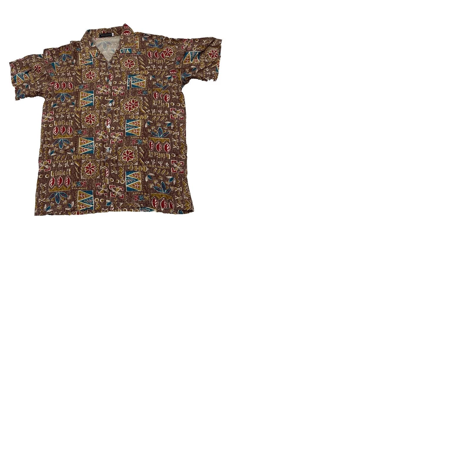 Vintage NEWSMAKER Shirt Mens L vtg 1990s Geometric Hawaiian Aztec Southwestern Brown Blue Cotton Button-Up Short Sleeve Size US L / EU 52-54 / 3 - 11 Thumbnail