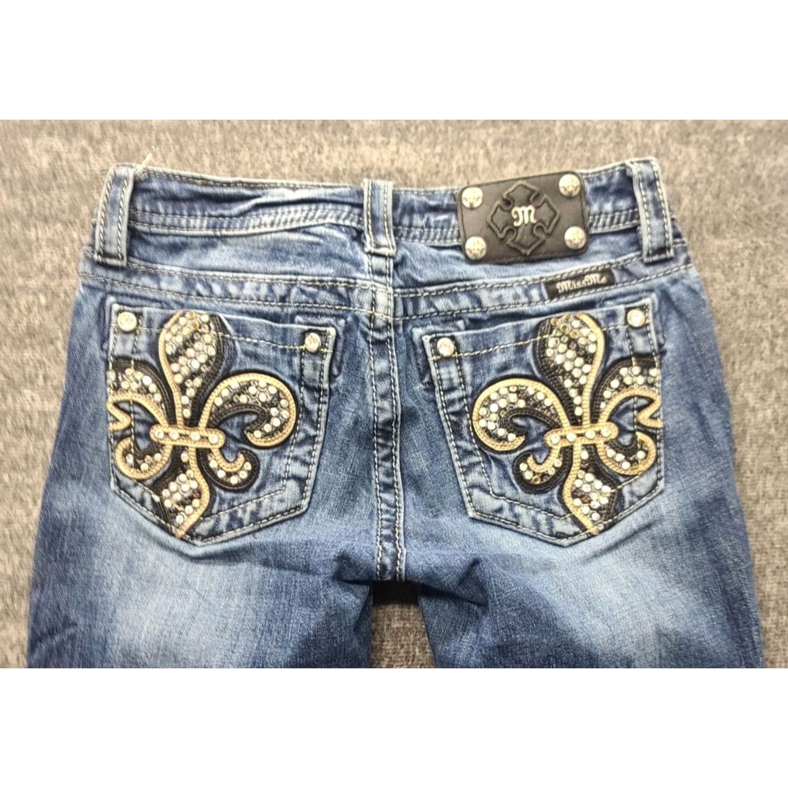 Miss Me Miss Me Jeans Girls 14 Skinny Fit Straight 5-Pocket Denim Low Rise Blue Bedazzled Rhinestone Embroidered Measurements Ready Size 36" / US 14 / IT 50 - 2 Thumbnail
