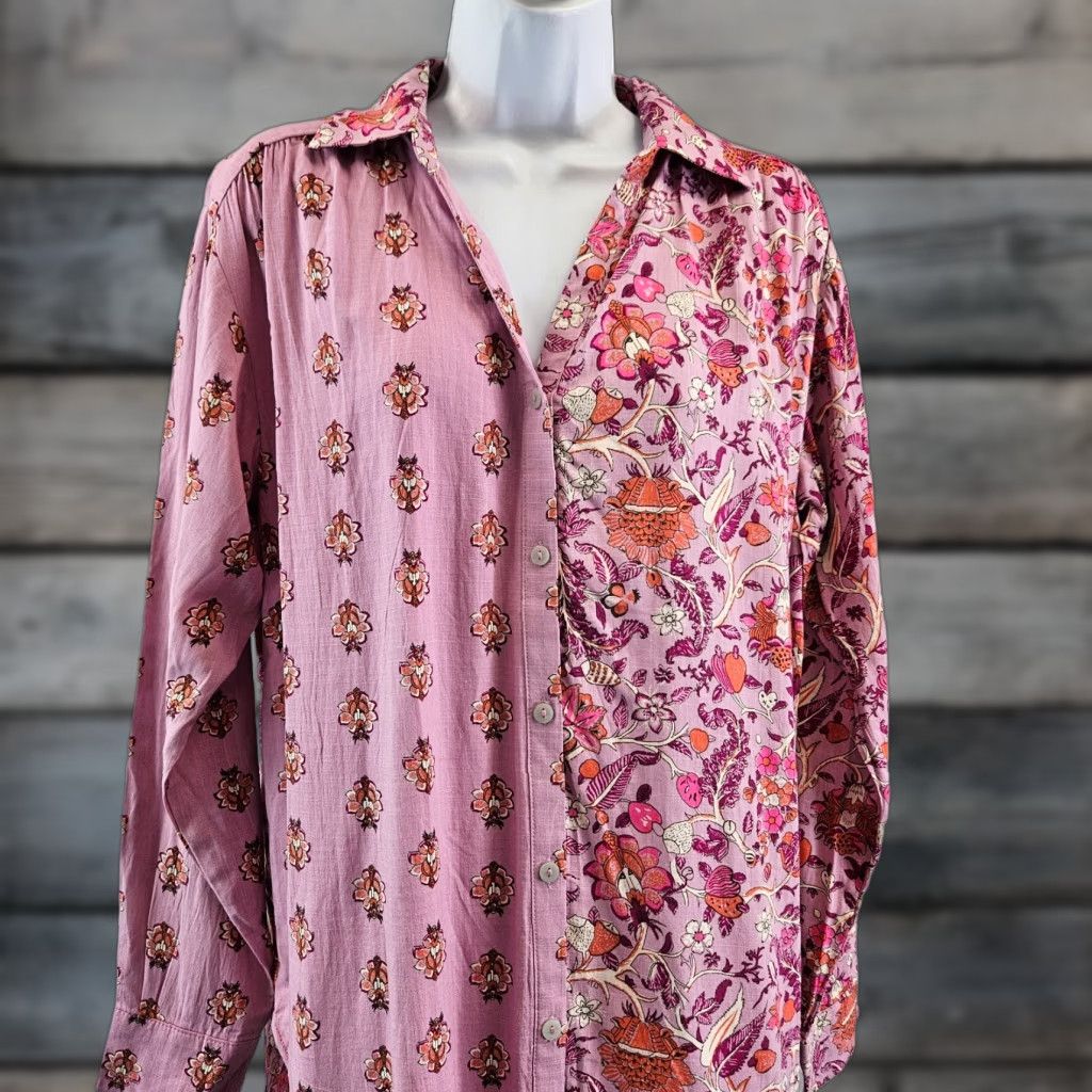 Vintage Knox Rose Womens Button Front Tunic Top S Purple Floral Long Sleeve Linen Rayon Size S Size S / US 4 / IT 40 - 1 Thumbnail