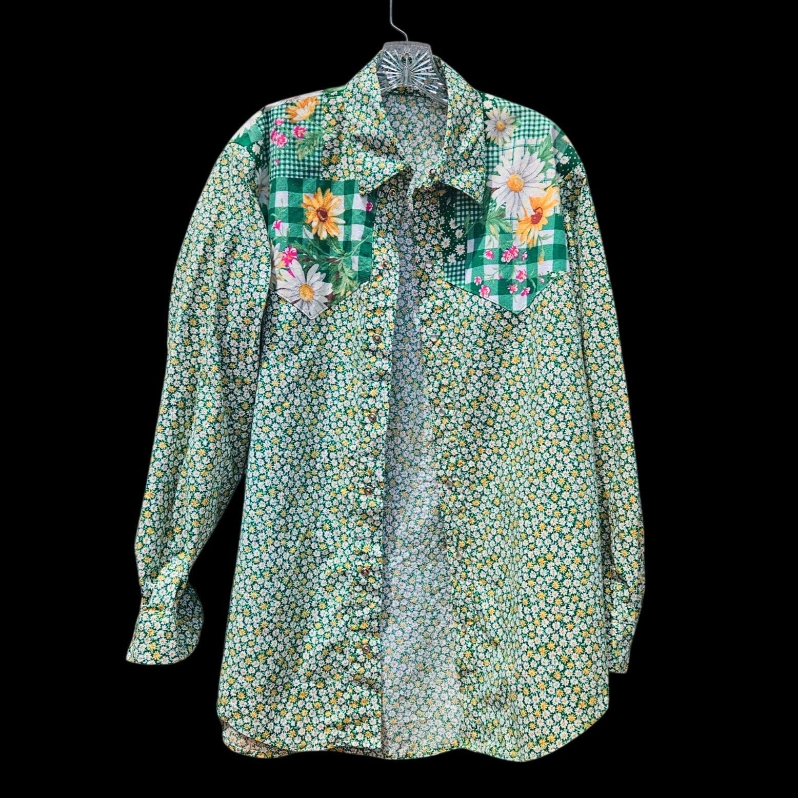 Handmade 70s 80s Handmade Western Snap Shirt Daisy Floral Patchwork C Size US L / EU 52-54 / 3 - 11 Thumbnail