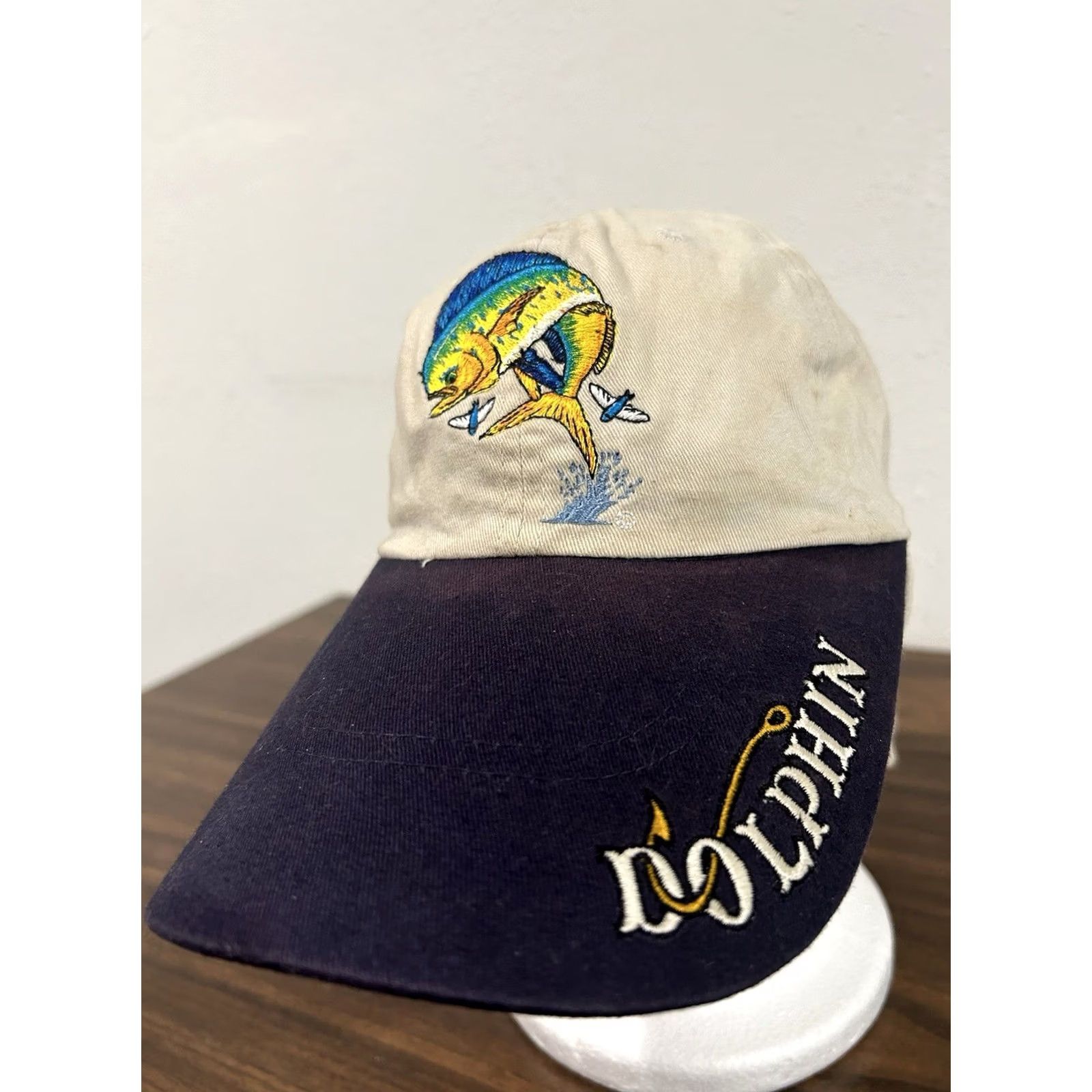 Vintage Just Hook Em Hat w/ Neck Flap Fishing Cap Embroidered Sail Fish Dolphin Beige Size ONE SIZE - 3 Thumbnail