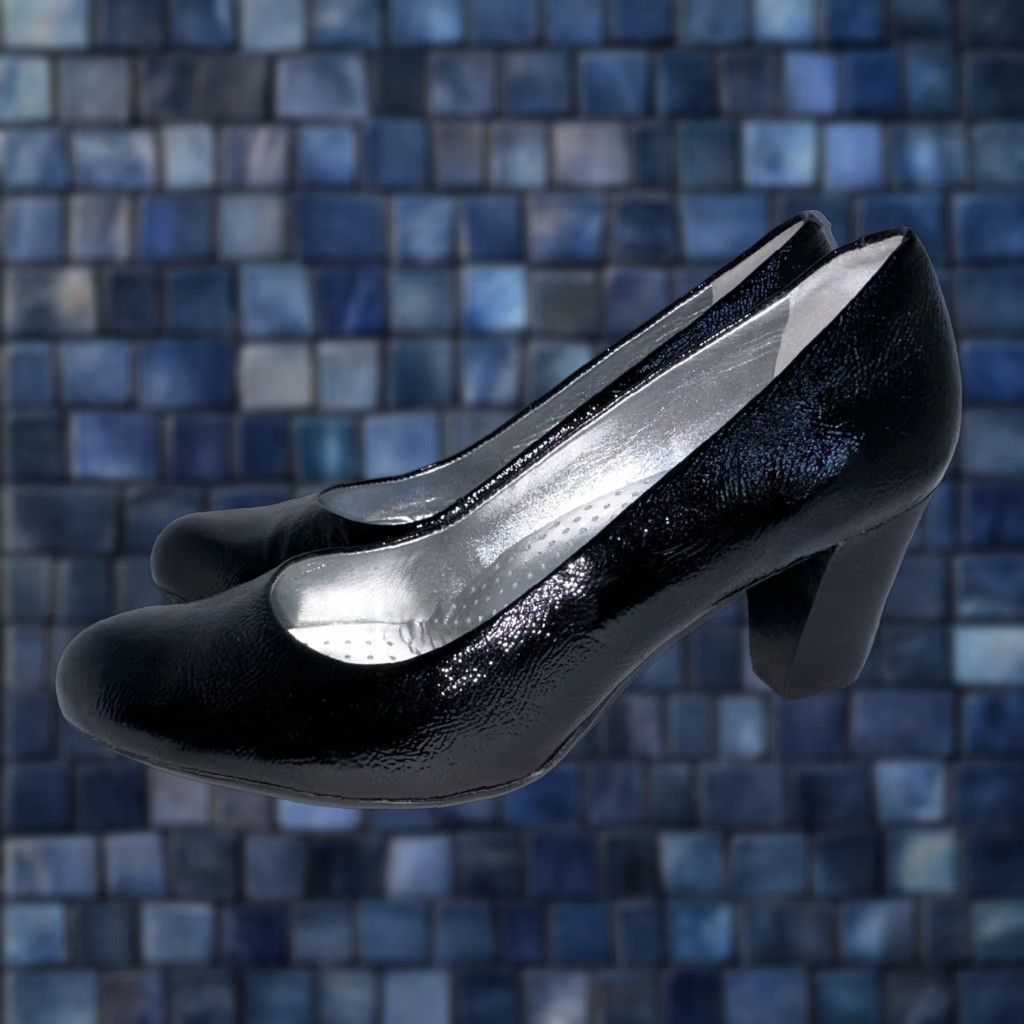 Marc Joseph New York Women Pump Black Leather Patent 8 USA Block Heel Mid Comfort Shoes
