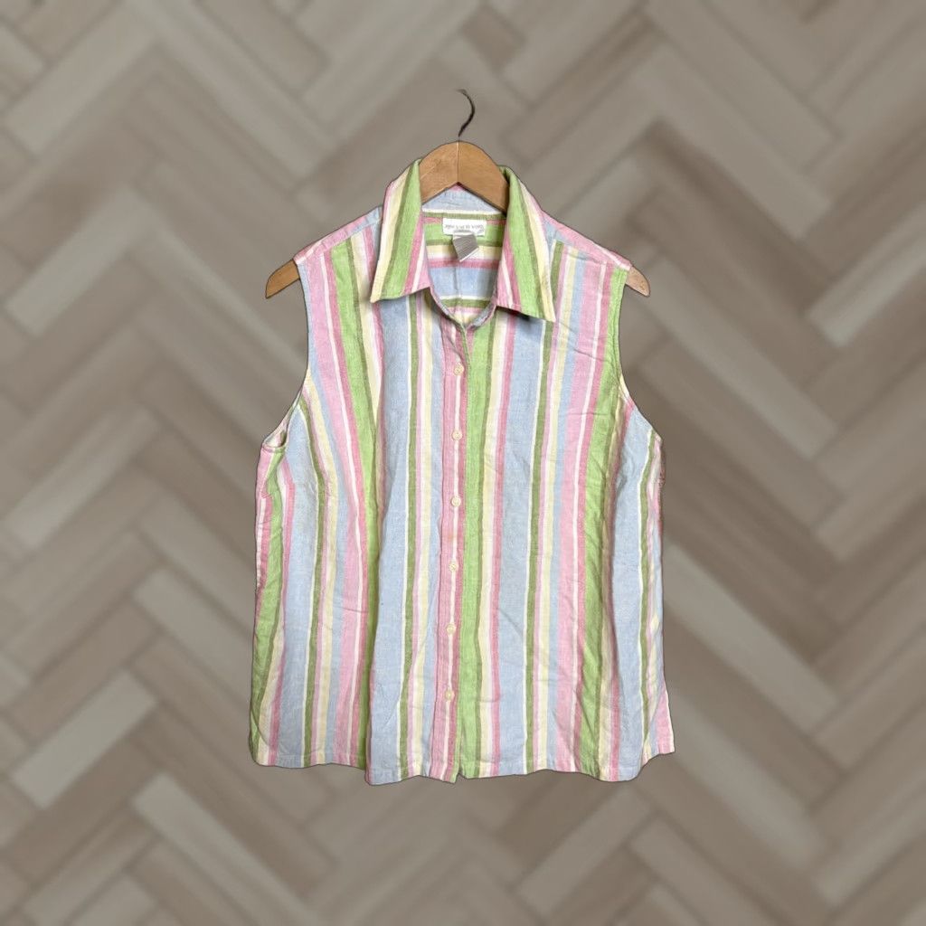 Jones New York VINTAGE Jones New York Linen Blend Striped Sleeveless Button Down Top Sz 16W Pastel Women Short Sleeve? Size XXL / US 16-18 / IT 52-54 - 1 Thumbnail