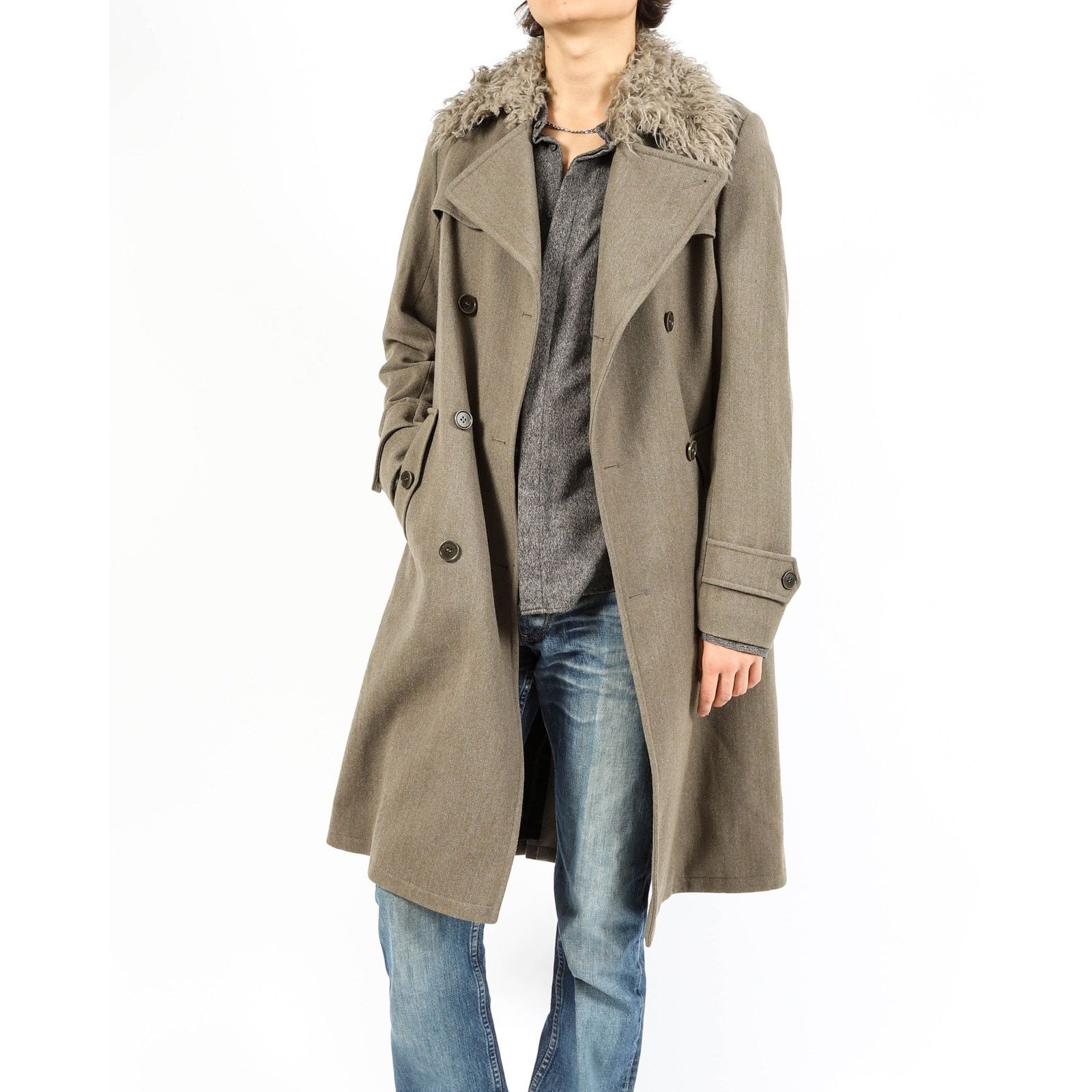 Dries Van Noten FW16 Faux Fur Collar Double Breasted Long Coat in Grey Wool Size US S / EU 44-46 / 1 - 1 Thumbnail