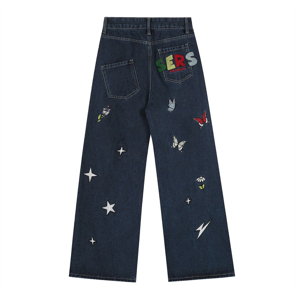 Jean Star embroidered irregular pocket washed loose casual jeans Size US 32 / EU 48 - 1 Thumbnail
