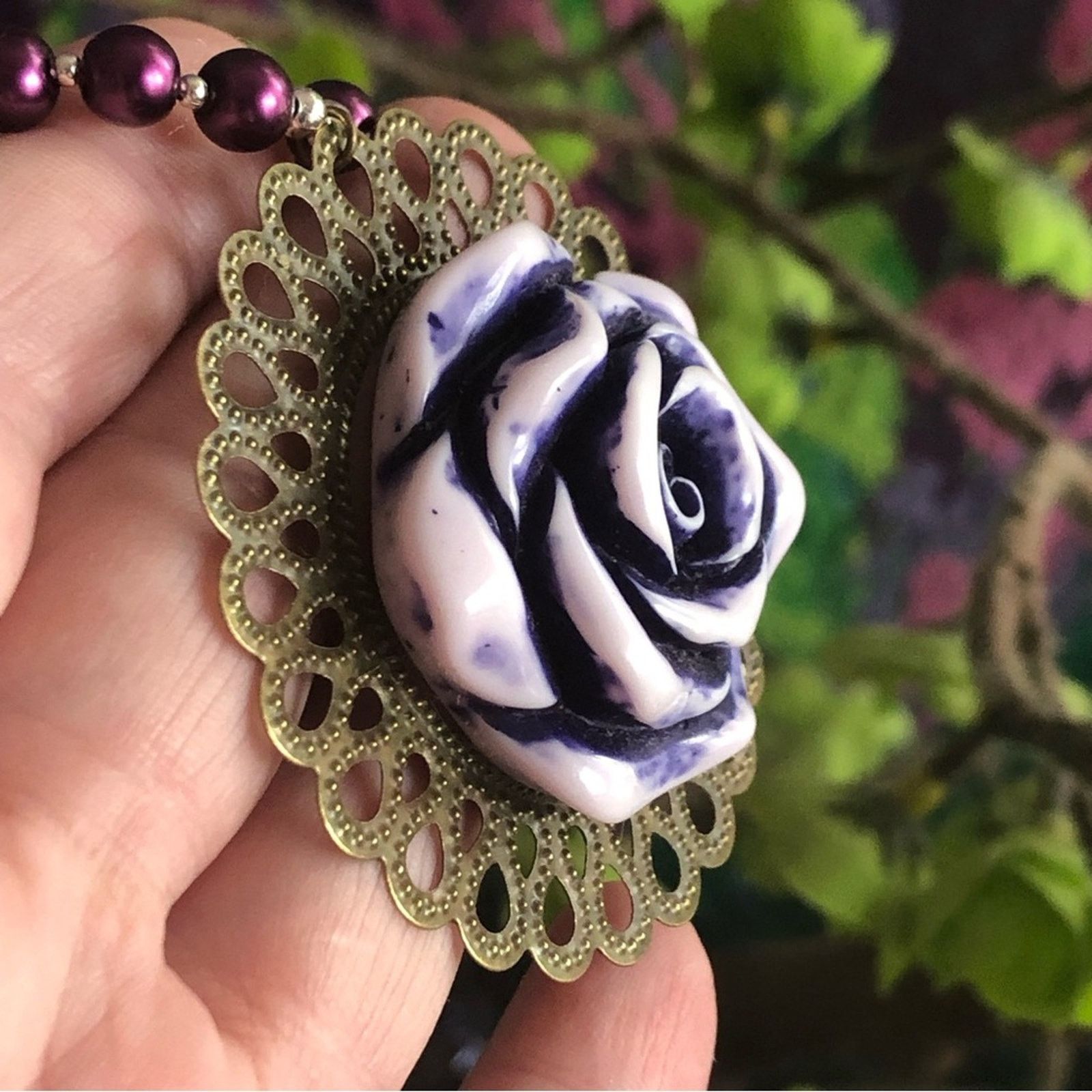 Handmade Handcrafted repurpose purple rose pendant Pearl necklace Size ONE SIZE - 10 Thumbnail